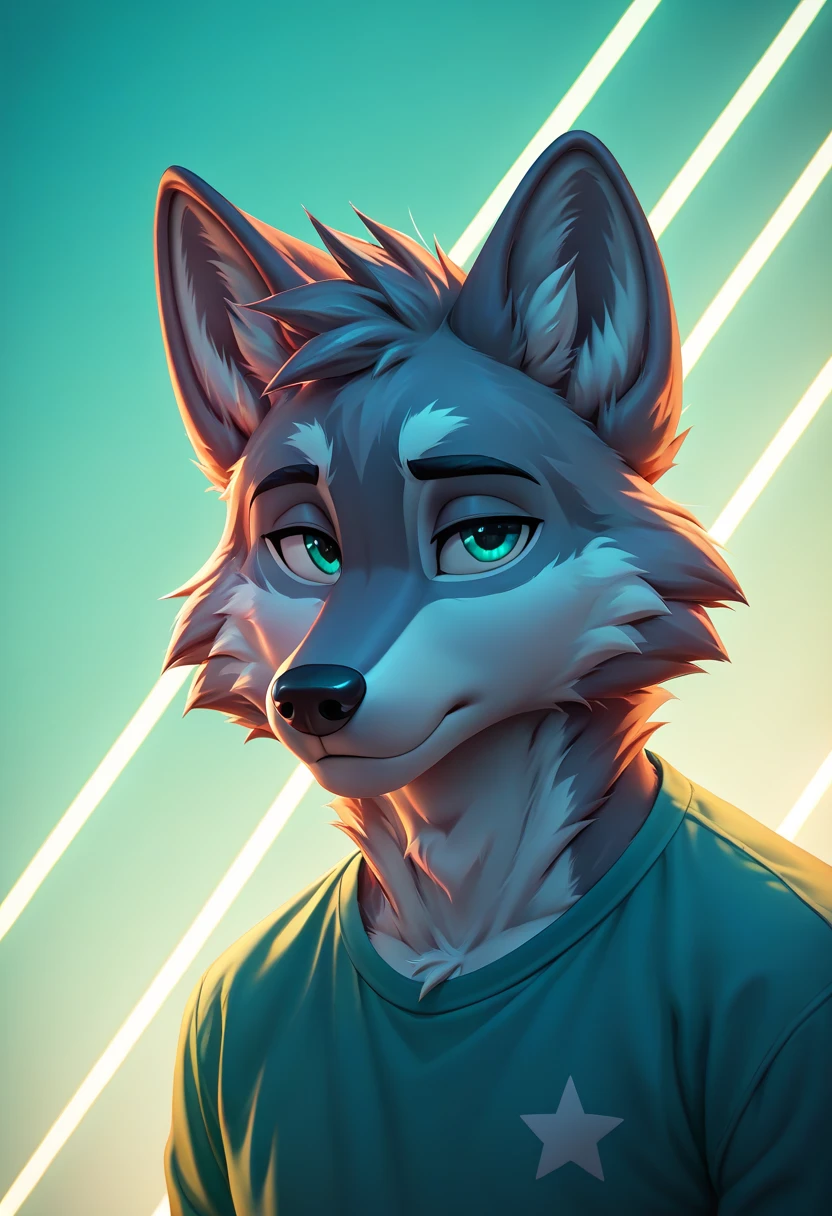 Masterpiece, score_9, score_8_up, beautifully detailed, male, anthro, furry, confident stance, smooth gradient fur, expressive eyes, tshirt, lines_light_background, (big white lines background:1.2), gradient blue to green background,  shy, lineart