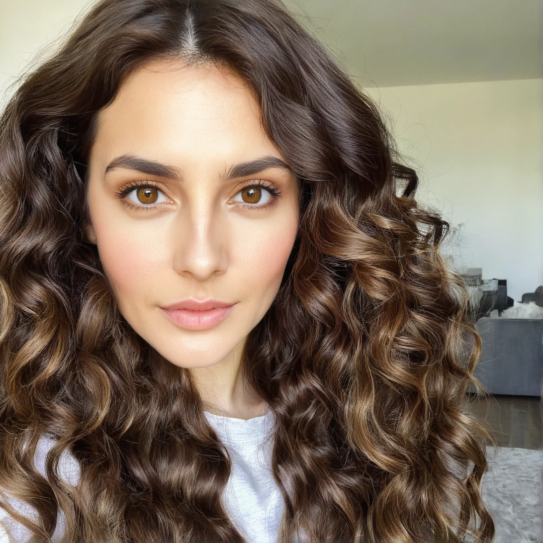 30 year old woman,  brown eyes,  long wavy hair clothing,  looking at the camera 