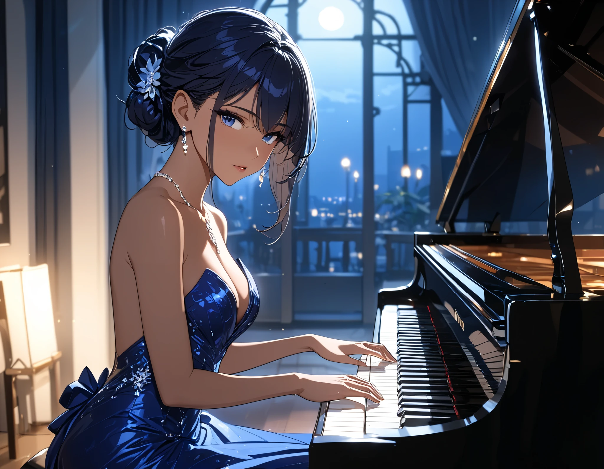 ((Best quality, 8k, Masterpiece: 1.3)), Sharp focus A beautiful woman with perfect body, Highly detailed face and skin texture, (Detailed eyes), dark blue hair, tied hair, jewelry, pointy ears, cinematic lighting, backlighting, pianist, grand piano, playing piano, Playing Beethoven's "Moonlight", concert venue, Evening gown, dress, Silk costume, Solo Performance, Quiet atmosphere, moonlight pouring in through the window, at night, tanned skin, dark skin