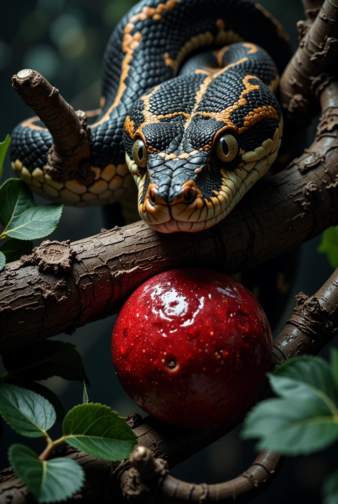 A close-up of the mesmerizing eyes of a snake coiled around a tree branch. Reflected in her eyes is the figure of a hesitant woman staring at the red fruit. The scene is loaded with tension, with dramatic shadows and an enigmatic tone that suggests danger and choice."