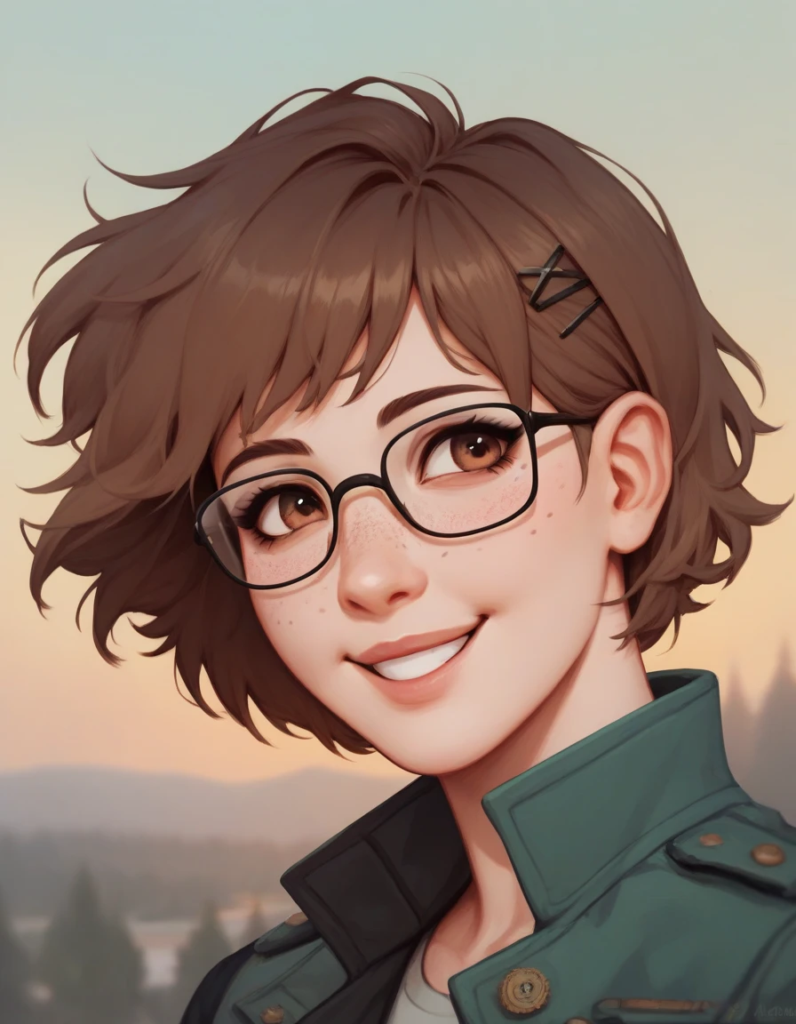 Guy with brown hair. Glasses. Smiling. Human. Brown eyes. Cool. Jacket. Freckles. Short hair