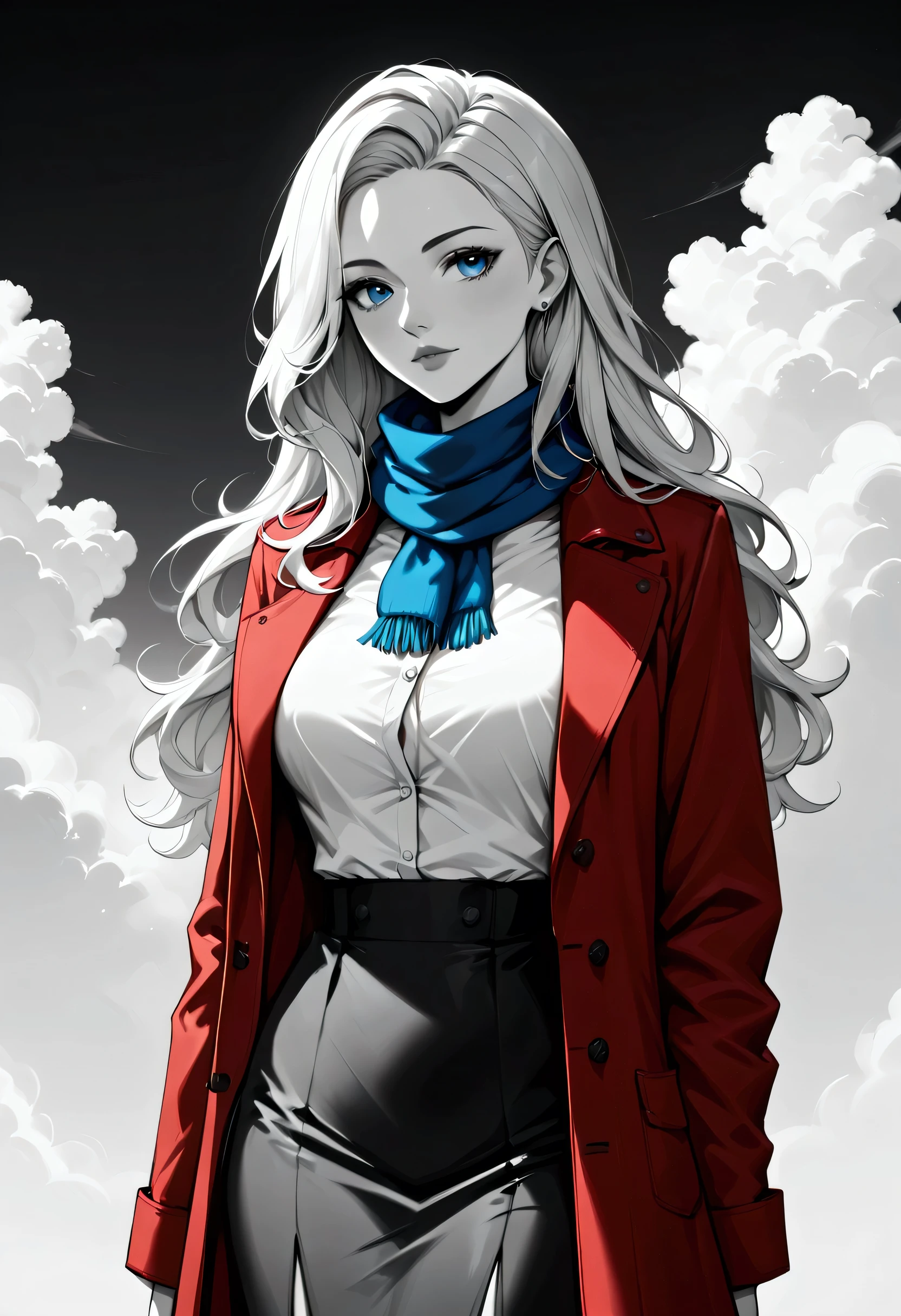 score_9, score_8_up, score_7_up, score_6_up, score_5_up, score_4_up, b(black and white art: 1.5) mostly black and white, , a picture of a beautiful woman, long hair hair, blue eyes, wearing red trench coat, wearing a skirt, wearing white button shirt, wearing a blue scarf, it is cloudy day (only colors are the coat and the eyes)