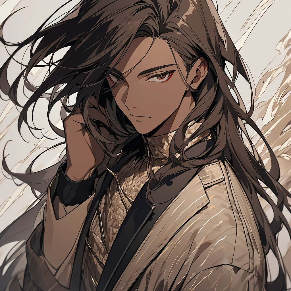 Create an artwork of a male human character with long hair blending deep red and dark brown colors. His skin should have a rich, dark brown tone. He should be dressed in a contemporary urban outfit, featuring modern and stylish elements. The character should exude a sense of confidence and charisma. The artwork should focus on smooth, detailed lines, capturing the texture of his hair and the fabric of his clothing. The background should be minimalistic to ensure the character stands out prominently."