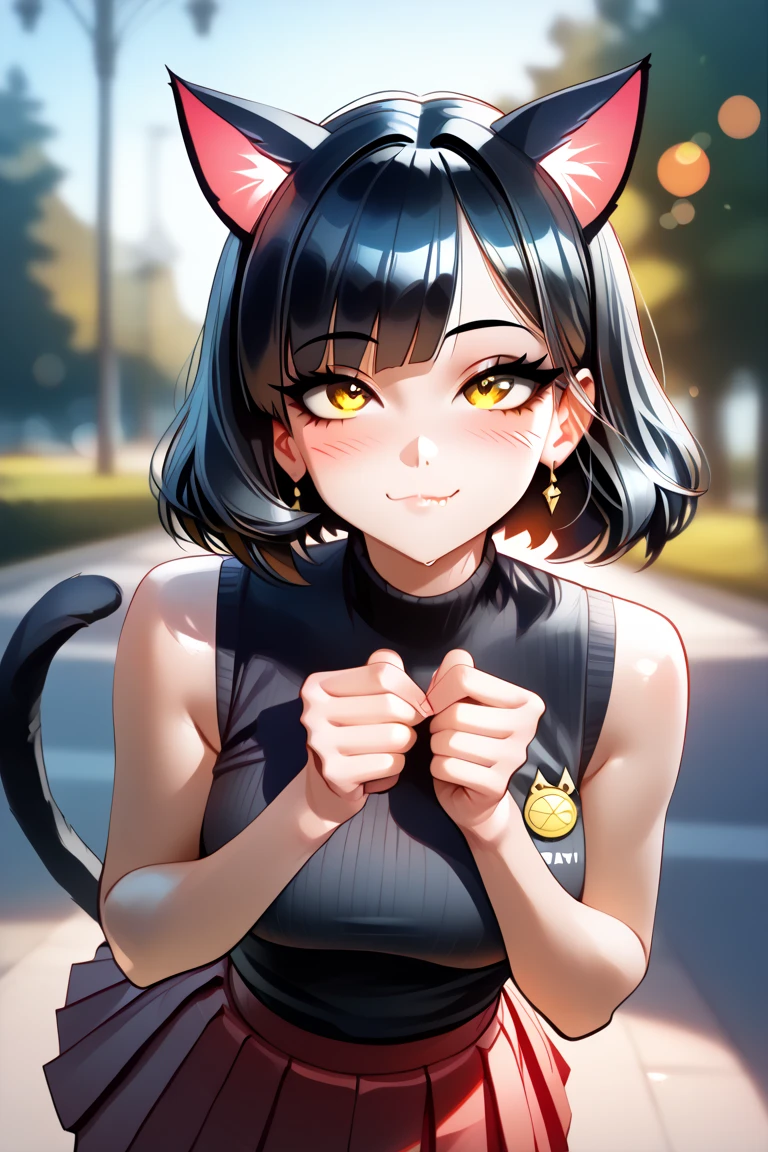 (masterpiece, best quality), (score_9,score_8_up,score_7_up), (highly-detailed), RAR, 
solo, (young woman, 21 years old), (short stylish black hair), (bright yellow eyes:1.4), (nice body, curvaceous, fit), cute face, (cat ears, cat tail), 
black sleeveless shirt, red pleated skirt, (looking up), standing, joyful, [cute feline fang], playful, blush, (mouth closed:1.5), (purring intensely), (floating hears), outdoors, nice park, beautiful day, (extremely cute pose), extremely cute look, (close up, focus on face), (looking up), (irresistible cute eyes), (begging:1.4), eyes wide open, feline-gesture, the most beautiful catgirl in the world, extremely adorable, looking at viewer, bokeh, dreamy, 8k, ultra high definition, subtle depth of field, subtle bloom, 