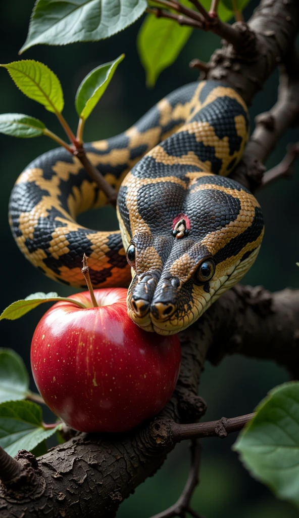 A close-up of the mesmerizing eyes of a snake coiled around a tree branch. Reflected in her eyes is the figure of a hesitant woman staring at the red fruit. The scene corresponds to Eve looking at the apple