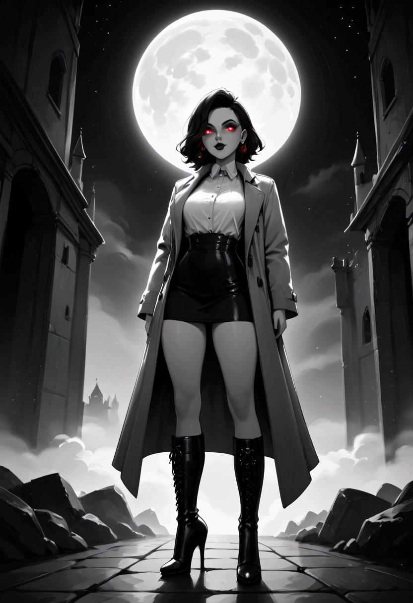 score_9, score_8_up, score_7_up, score_6_up, score_5_up, score_4_up, (black and white art: 1.5) mostly black and white, of a female vampire in the night, best detailed face, red glowing eyes, wearing white bottom shirt, short skirt,  wearing high heeled boots, wearing  black trench coat, flowing trench coat, it is night time, moon light. moon rays, goth castle, background, 