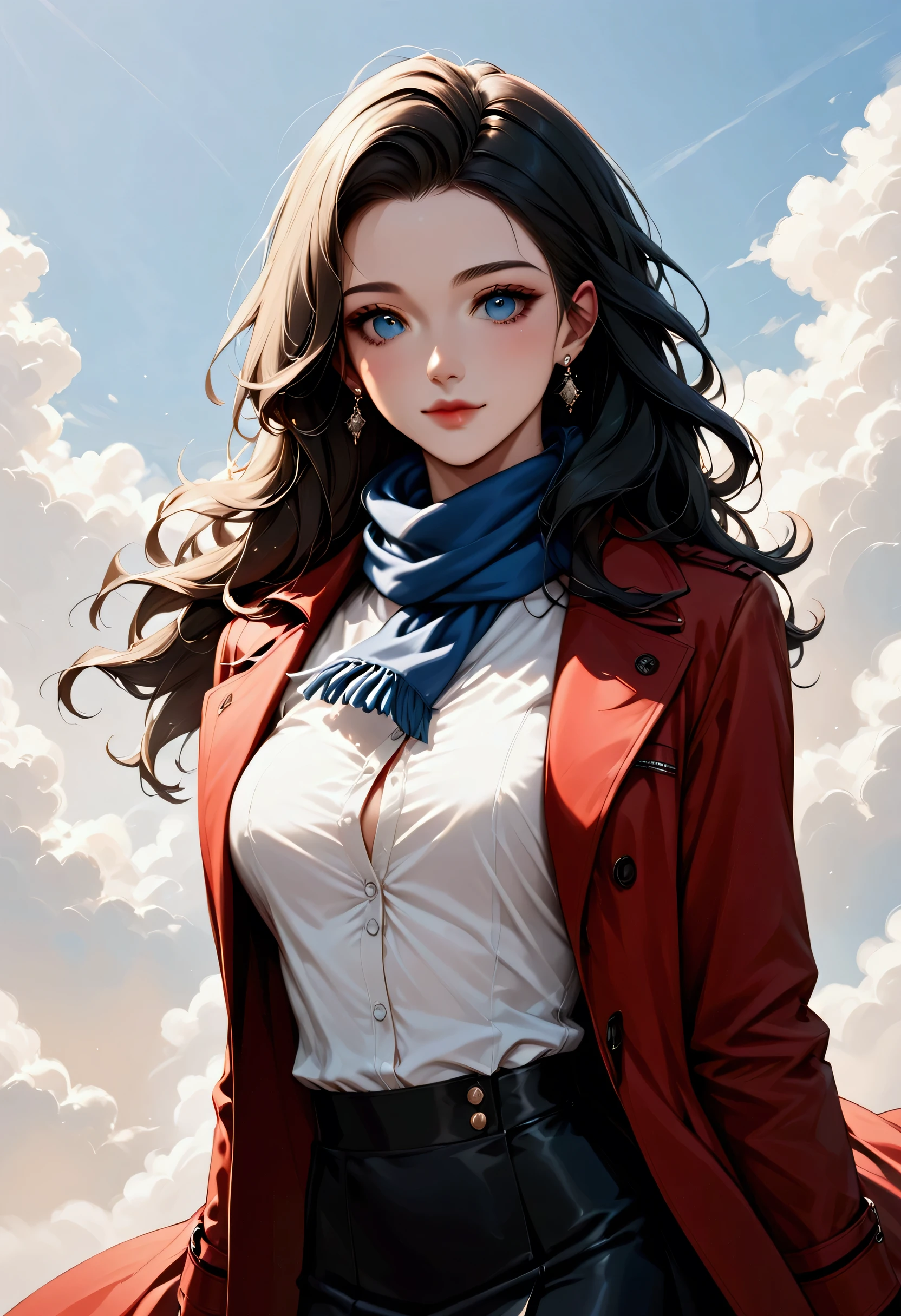 score_9, score_8_up, score_7_up, score_6_up, score_5_up, score_4_up, b(black and white art: 1.5) mostly black and white, , a picture of a beautiful woman, long hair hair, blue eyes, wearing red trench coat, wearing a skirt, wearing white button shirt, wearing a blue scarf, it is cloudy day (only colors are the coat and the eyes)