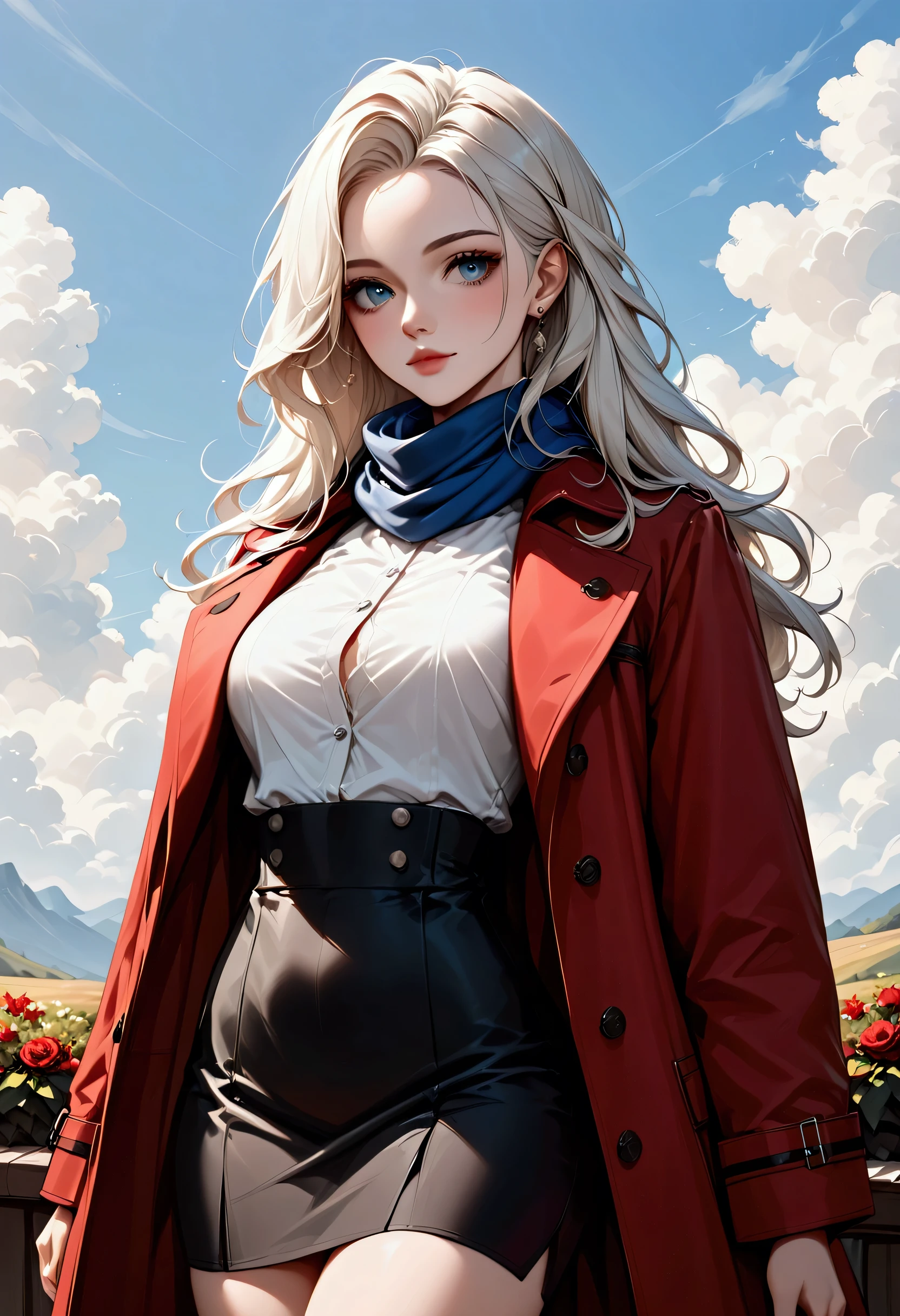 score_9, score_8_up, score_7_up, score_6_up, score_5_up, score_4_up, b(black and white art: 1.5) mostly black and white, , a picture of a beautiful woman, long hair hair, blue eyes, wearing red trench coat, wearing a skirt, wearing white button shirt, wearing a blue scarf, it is cloudy day (only colors are the coat and the eyes)