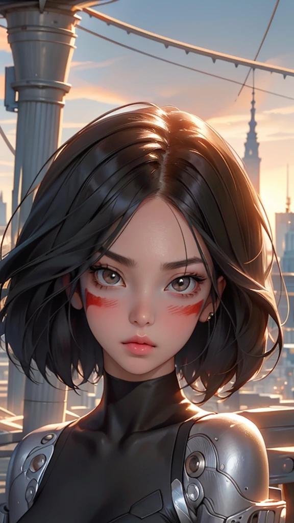 Close-up of face、 1 girl, (masterpiece:1.3),  high res), (8k), ( extremely detailed), (4K), ( pixib), perfect face,  lovely eyes and face , ( top quality ), ( super detailed ),  detailed faces and eyes, (Alone),  textured skin ,  absurd,  high res, you can, red pigment , Bare shoulders, Mechanical Arm,(Mechanical Hand:1.1),  robot , Facial markings, ( bodysuit), (underpants) , cyberpunk,  brown eyes,  black hair,  short hair, Thick lips、 sharpen your mouth、 viewers、 stretch your hands upward,Hair fluttering in the wind、Blushing cheeks、 City lights, Cityscape,