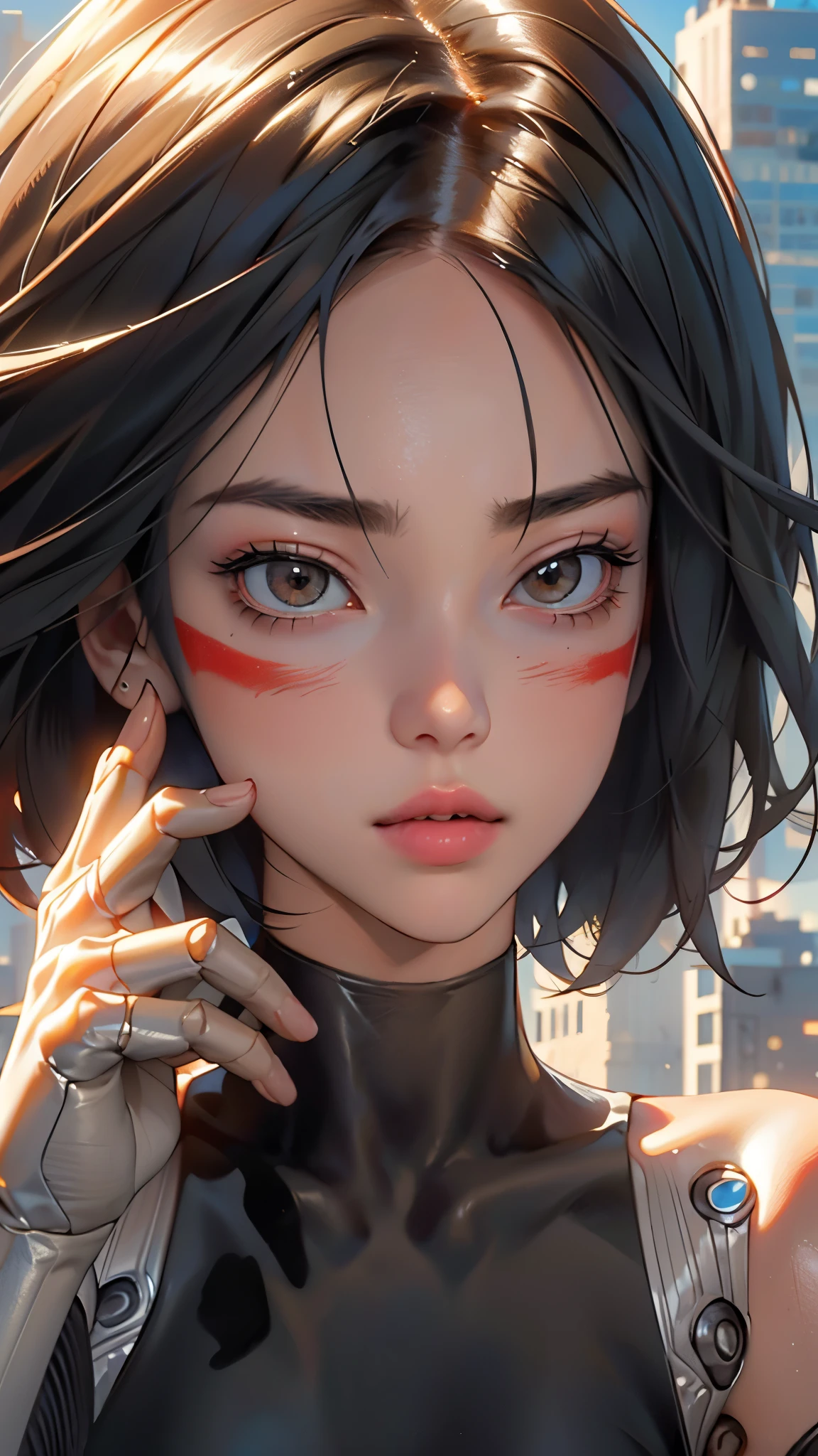 Close-up of face、 1 girl, (masterpiece:1.3), high res), (8k), ( extremely detailed), (4K), ( pixib), perfect face, lovely eyes and face , ( top quality ), ( super detailed ), detailed faces and eyes, (Alone), textured skin , absurd, high res, you can, red pigment , Bare shoulders, Mechanical Arm,(Mechanical Hand:1.1), robot , Facial markings, ( bodysuit), (underpants) , cyberpunk, brown eyes, black hair, short hair, Thick lips、 sharpen your mouth、 viewers、 stretch your hands upward,Hair fluttering in the wind、Blushing cheeks、 City lights, Cityscape,