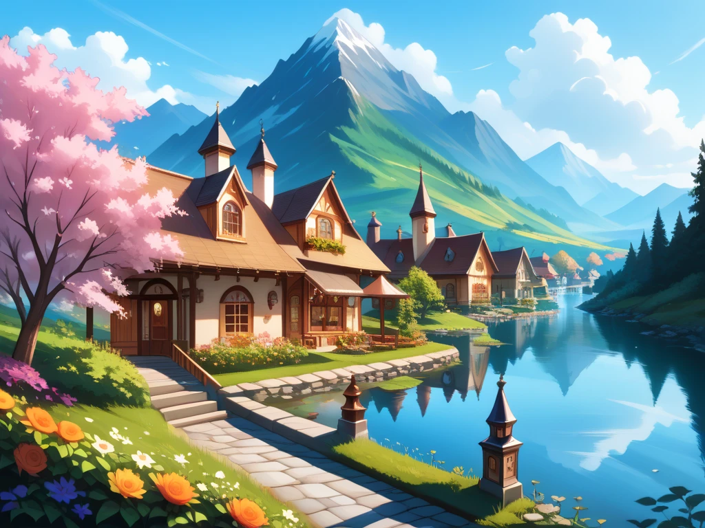  A small village by the river,  mountains in the background ,  colorful flowers ,  detailed landscape style,  beautiful natural scenery ,  atmospheric lighting ,  scorching sunset ,  warm colors , practical, photographic,  detailed foliage , complex buildings ,  cobblestone street,  charming country house, vibrant colors,  lush vegetation ,  reflections in the water, Picturesque, idyllic, Art work,  best quality swimsuit, 8k,  dress ,  anime style 