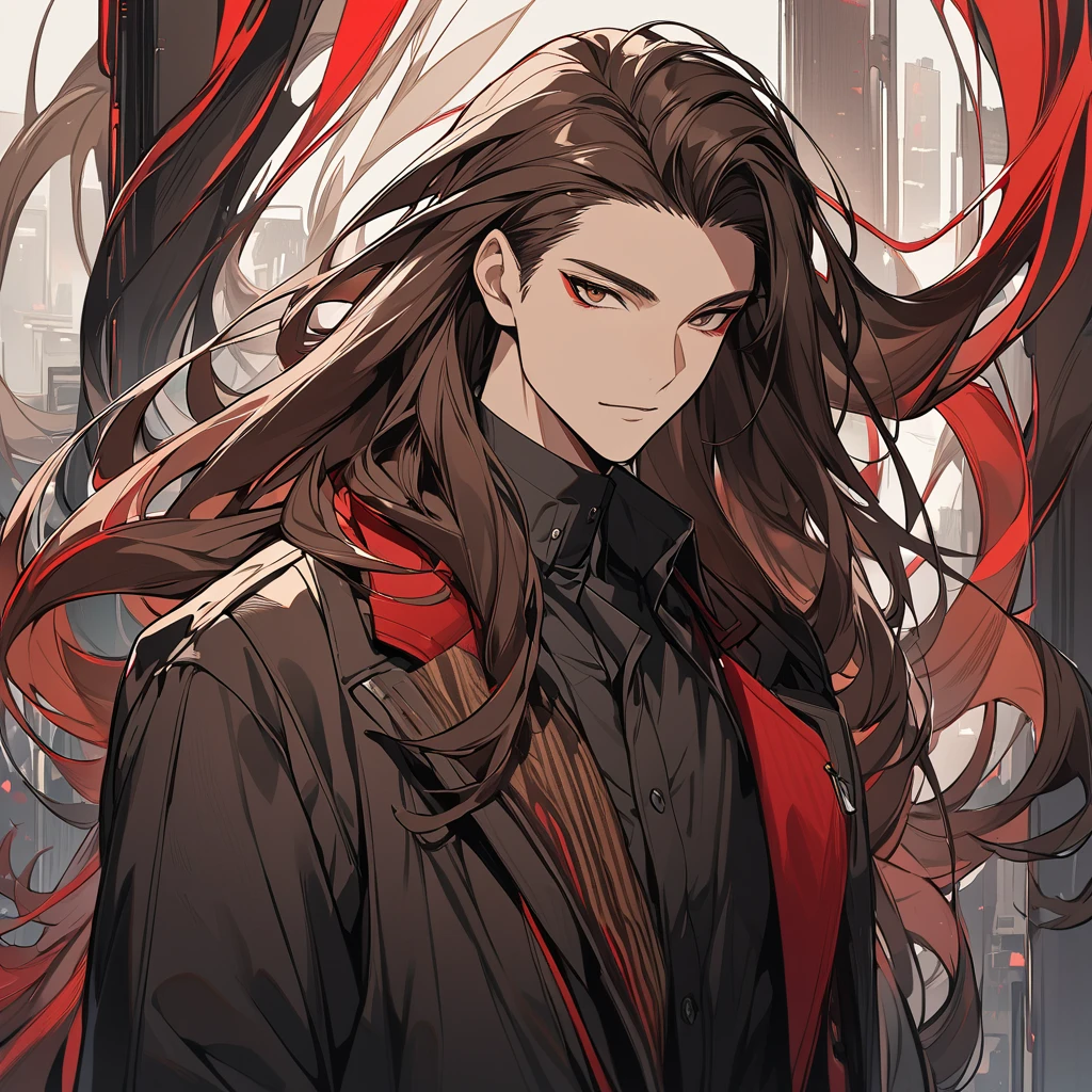 Create an artwork of a male human character with long hair blending deep red and dark brown colors. His skin should have a rich, dark brown tone. He should be dressed in a contemporary urban outfit, featuring modern and stylish elements. The character should exude a sense of confidence and charisma. The artwork should focus on smooth, detailed lines, capturing the texture of his hair and the fabric of his clothing. The background should be minimalistic to ensure the character stands out prominently."