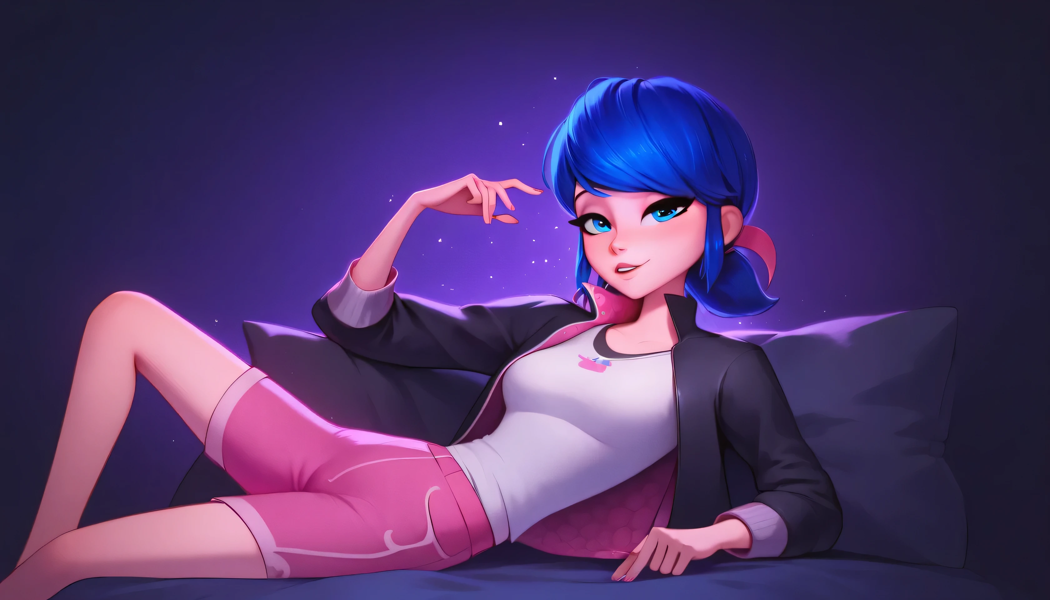 1 girl, solo, Marinette, blue hair, casual clothes, (black leggings), (black jacket), (white shirt), (pink shorts), medium breast, seductive expression, seductive poses, relaxing poses, perfect details, perfect face, perfect eyes, 20 years old body, bedroom, bedroom at night
