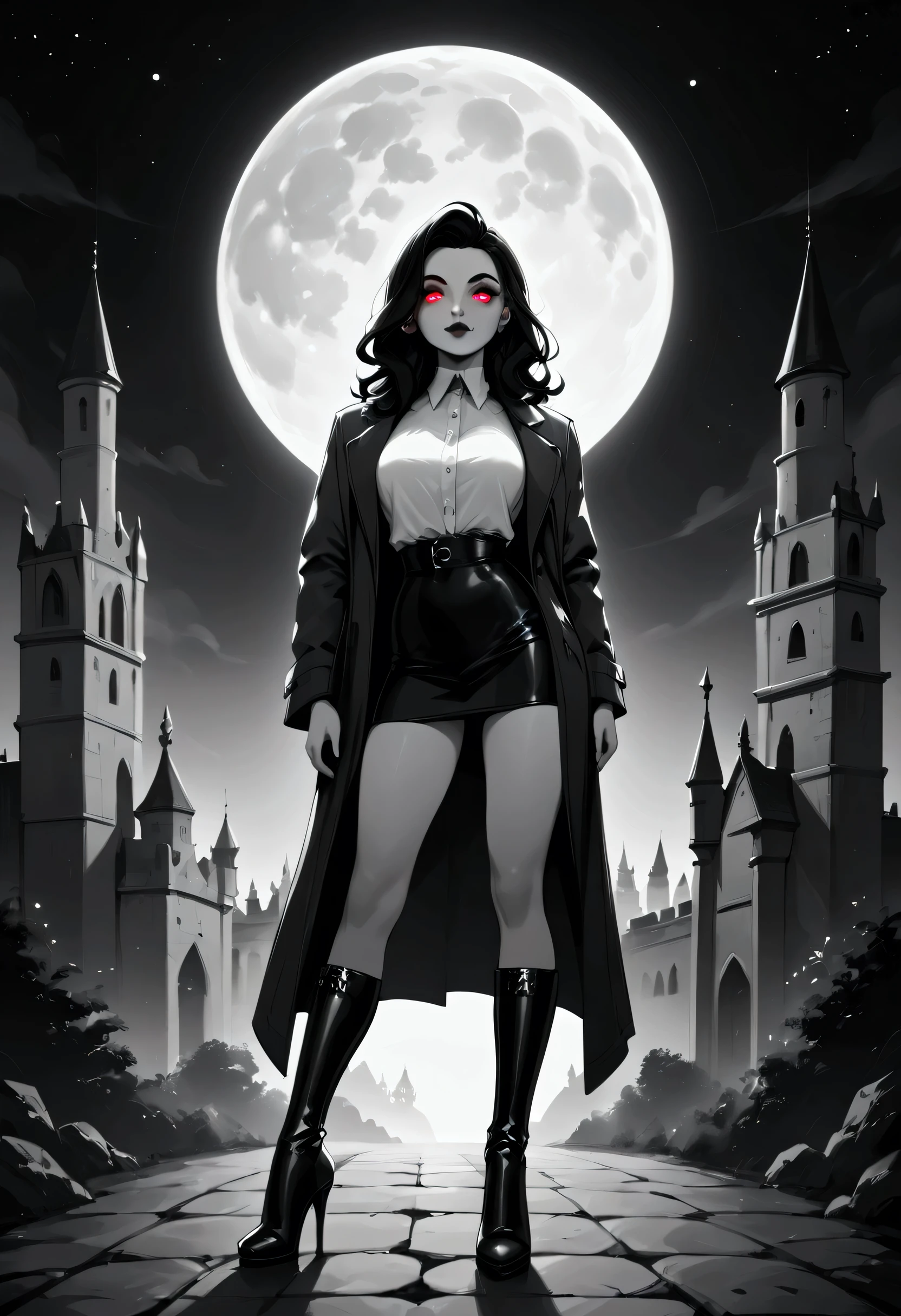 score_9, score_8_up, score_7_up, score_6_up, score_5_up, score_4_up, (black and white art: 1.5) mostly black and white, of a female vampire in the night, best detailed face, red glowing eyes, wearing white bottom shirt, short skirt,  wearing high heeled boots, wearing  black trench coat, flowing trench coat, it is night time, moon light. moon rays, goth castle, background, 