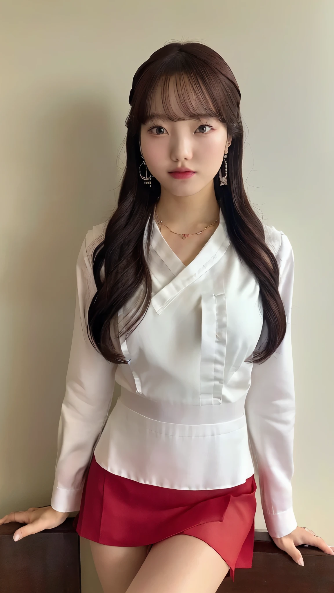 (( software : 1.4)), ( software , she wears a long white embroidered skirt , Red blouse with lace, A white apron wrapped around her waist , Red socks, Brown leather shoes. she has a red scarf on her head . has a necklace as an accessory , earrings for women with first name, Bracelet , 1 girl)), super high res, ( realistic : 1.4), RAW photos , top quality , (photo realistic stick), concentrated, Soft light, (()), (( Japanese )), (((Young Face))), (surface), ( depth of field ), masterpiece, (photo realistic ), woman , bangs, (( 1 girl))