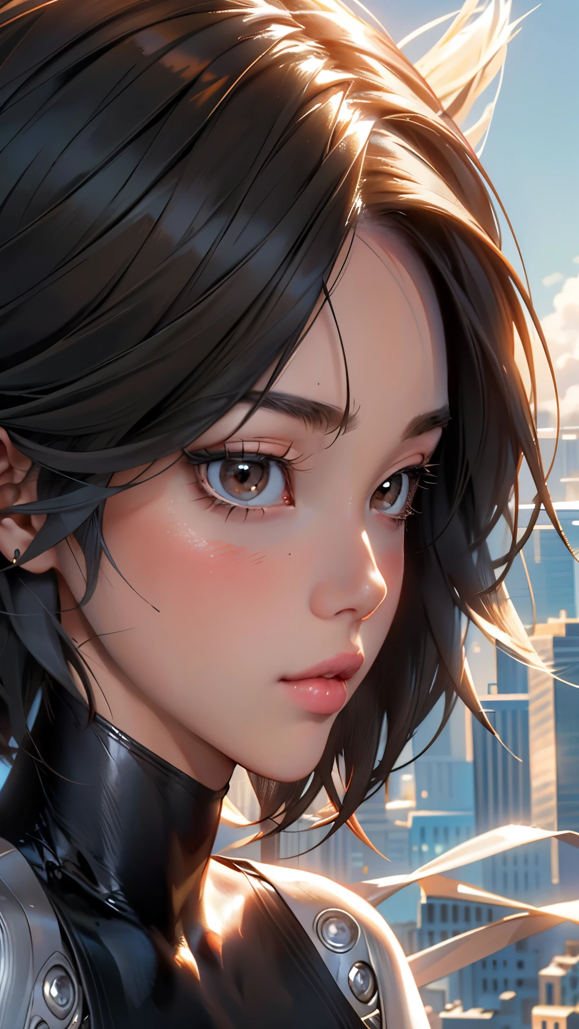 Close-up of face、profile、 1 girl, (masterpiece:1.3),  high res), (8k), ( extremely detailed), (4K), ( pixib), perfect face,  lovely eyes and face , ( top quality ), ( super detailed ),  detailed faces and eyes, (Alone),  textured skin ,  absurd,  high res, you can, red pigment , Bare shoulders, Mechanical Arm,(Mechanical Hand:1.1),  robot , Facial markings, ( bodysuit), (underpants) , cyberpunk,  brown eyes,  black hair,  short hair, Thick lips、 sharpen your mouth、 viewers、 looking up at the sky,Hair fluttering in the wind、Blushing cheeks、 City lights, Cityscape,