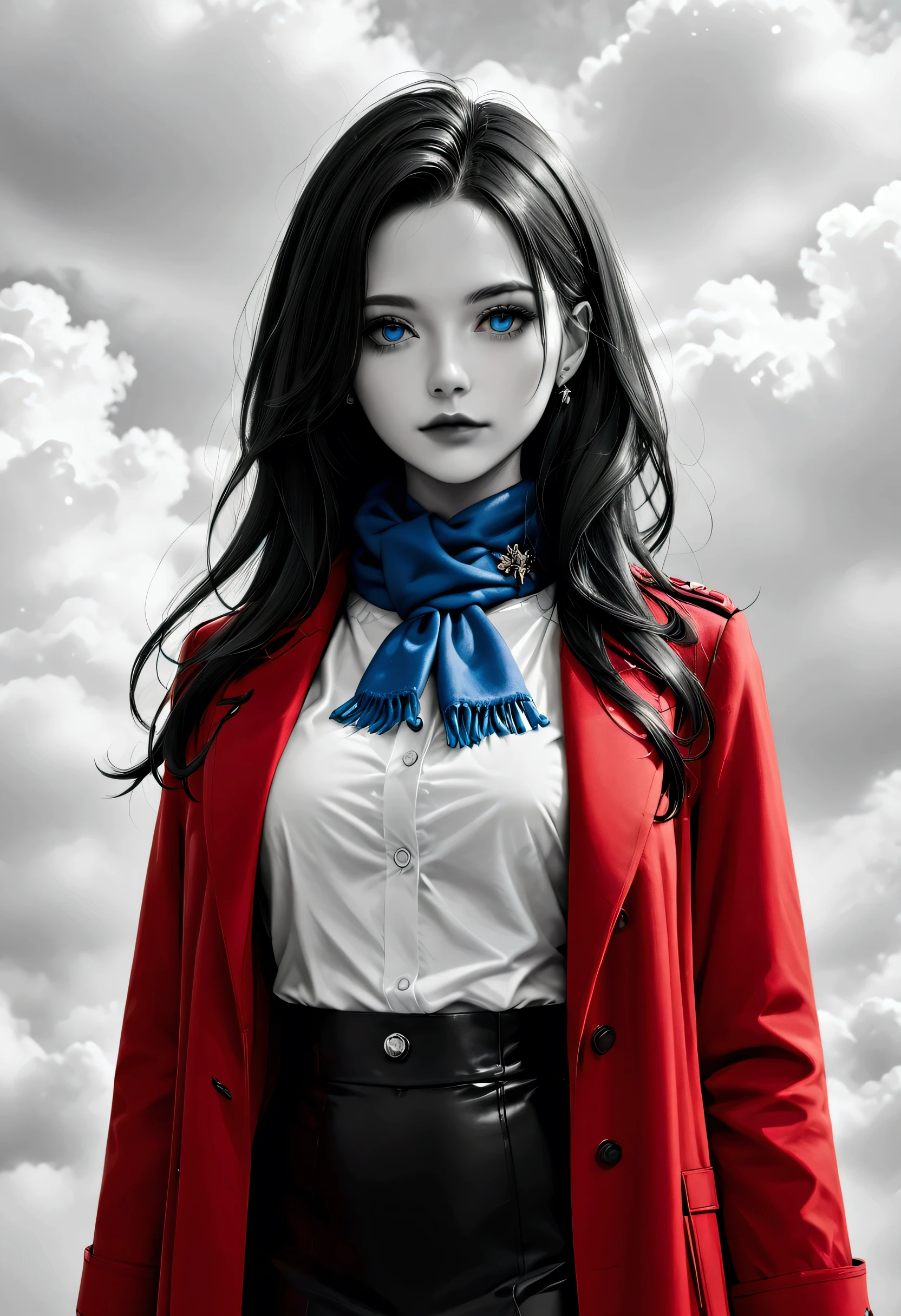 score_9, score_8_up, score_7_up, score_6_up, score_5_up, score_4_up, b(black and white art: 1.5) mostly black and white, , a picture of a beautiful woman, long hair hair, blue eyes, wearing red trench coat, wearing a skirt, wearing white button shirt, wearing a blue scarf, it is cloudy day (only colors are the coat and the eyes)