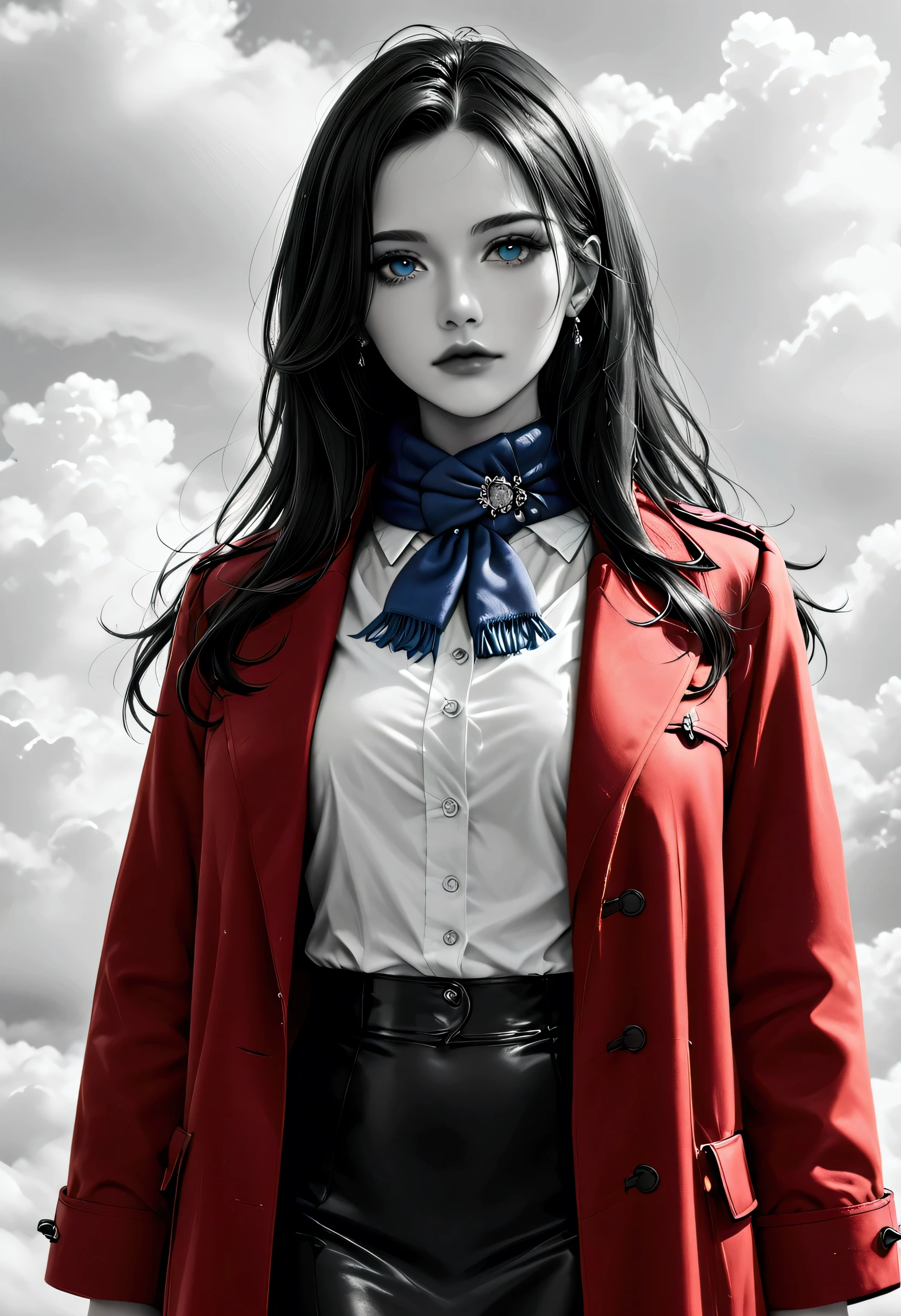 score_9, score_8_up, score_7_up, score_6_up, score_5_up, score_4_up, b(black and white art: 1.5) mostly black and white, , a picture of a beautiful woman, long hair hair, blue eyes, wearing red trench coat, wearing a skirt, wearing white button shirt, wearing a blue scarf, it is cloudy day (only colors are the coat and the eyes)