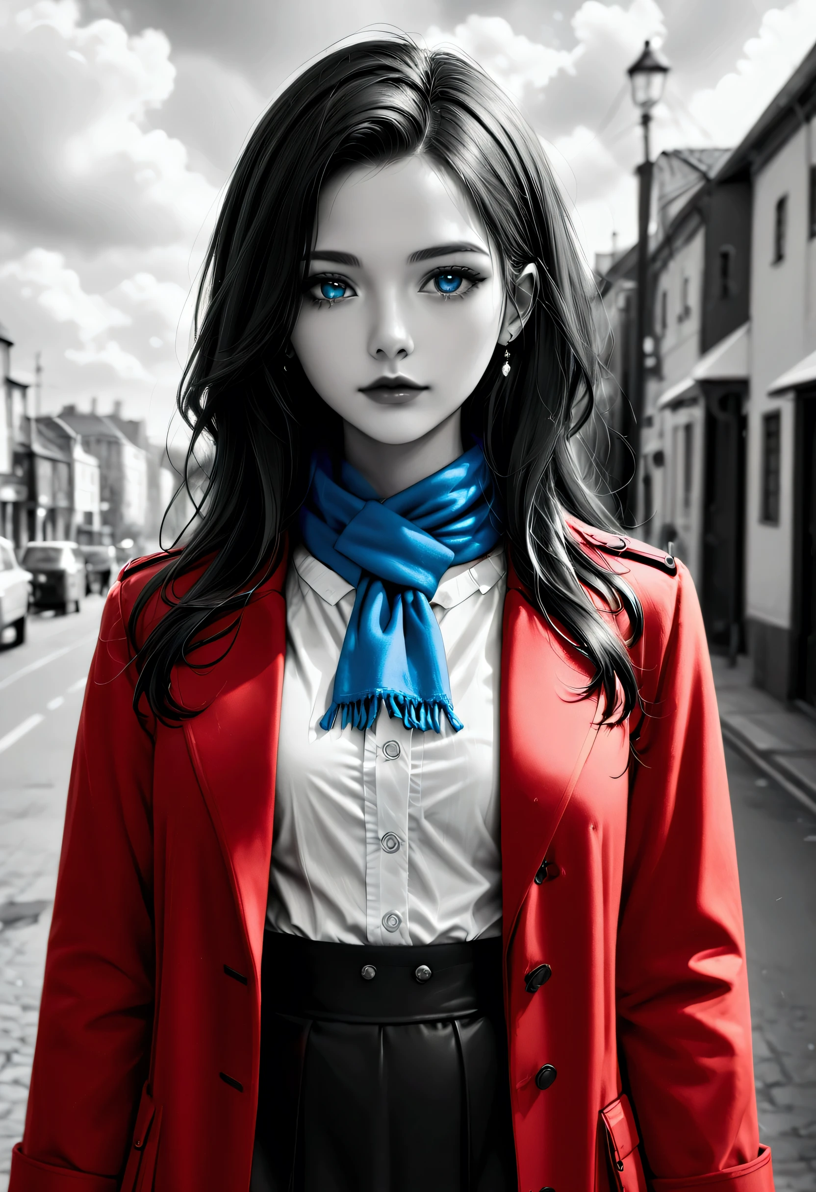 score_9, score_8_up, score_7_up, score_6_up, score_5_up, score_4_up, b(black and white art: 1.5) mostly black and white, , a picture of a beautiful woman, long hair hair, blue eyes, wearing red trench coat, wearing a skirt, wearing white button shirt, wearing a blue scarf, it is cloudy day (only colors are the coat and the eyes)