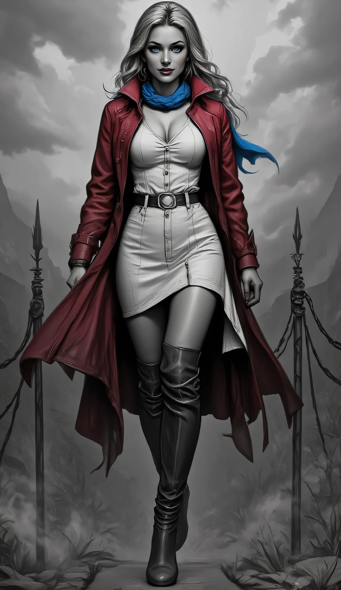 (black and white art: 1.5) mostly black and white, a picture of a beautiful woman, blond hair, blue eyes, wearing red trench coat, wearing white skirt, wearing white button shirt, small cleavage, wearing a blue scarf wearing high heels boots, full body shot, it is cloudy day 