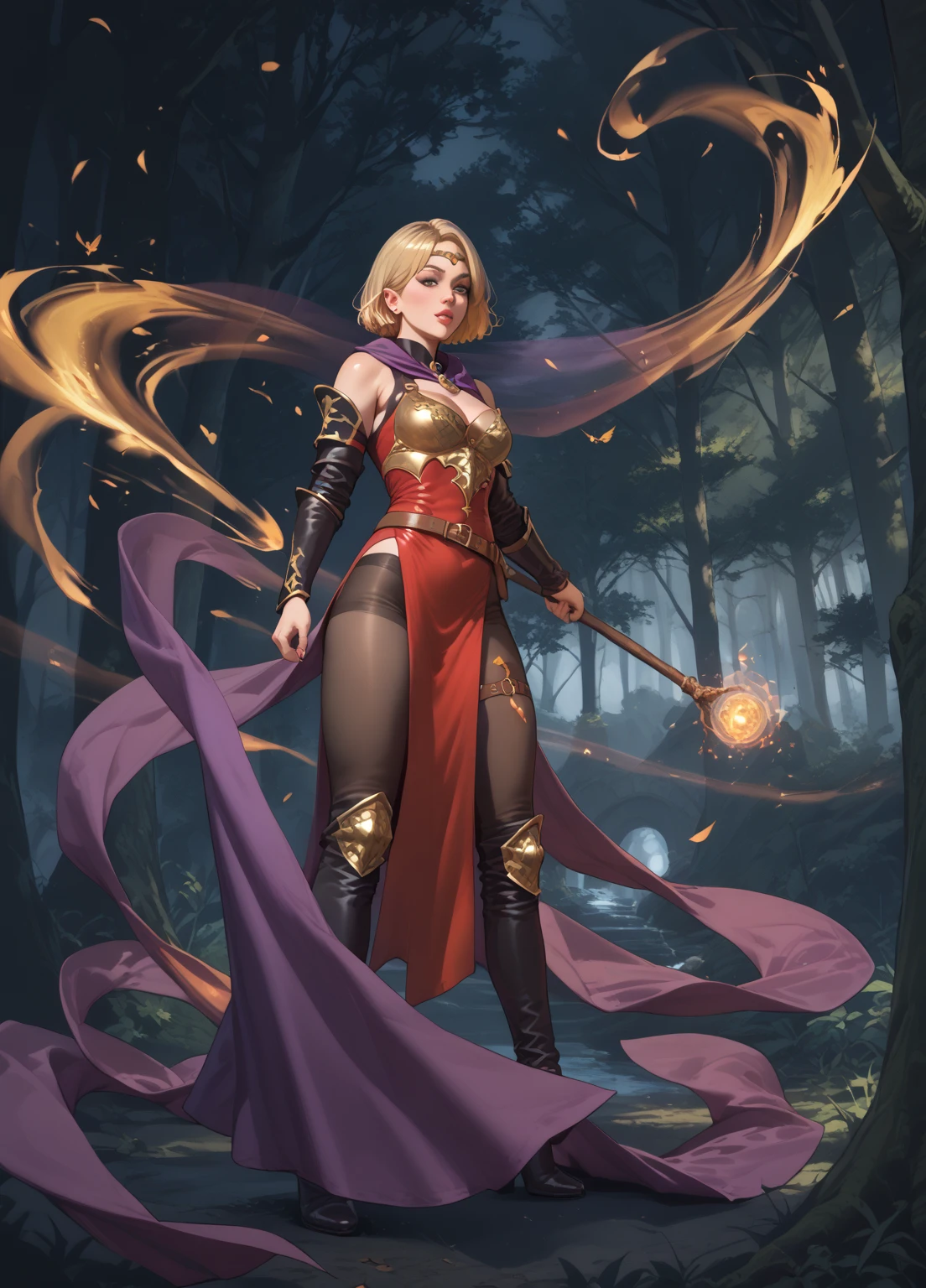 девушка в одиночку девушка witch, conjures, magic, In the forest, magic effects ,  short hair,  blonde , witch, magic, world, armor