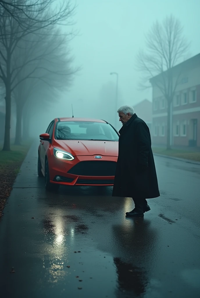 Take a picture of a black , Ford Focus ST line , that runs over an old grandma. The weather is foggy .