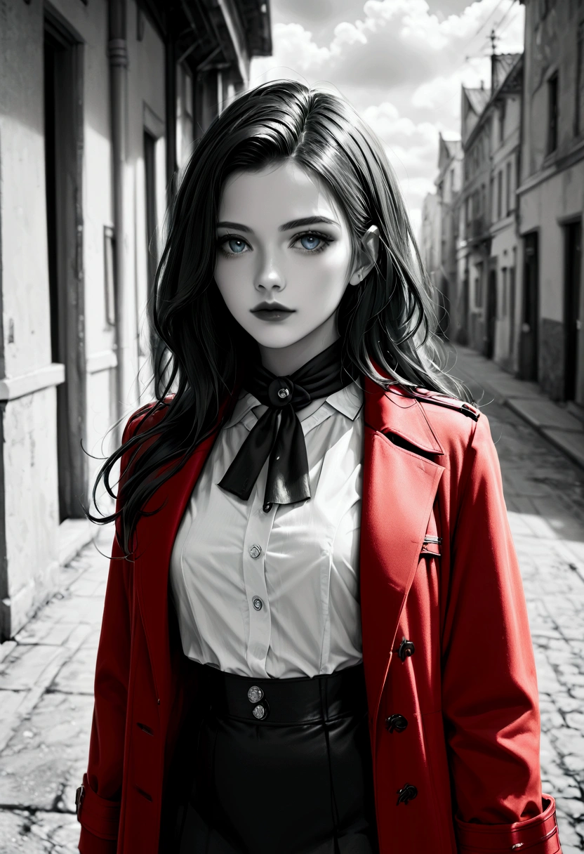 score_9, score_8_up, score_7_up, score_6_up, score_5_up, score_4_up, (black and white art: 1.5) mostly black and white, a picture of a beautiful vampire, long hair hair, blue eyes, wearing red trench coat, wearing a skirt, wearing white button shirt, wearing a blue scarf, it is cloudy day (only colors are the coat and the eyes)