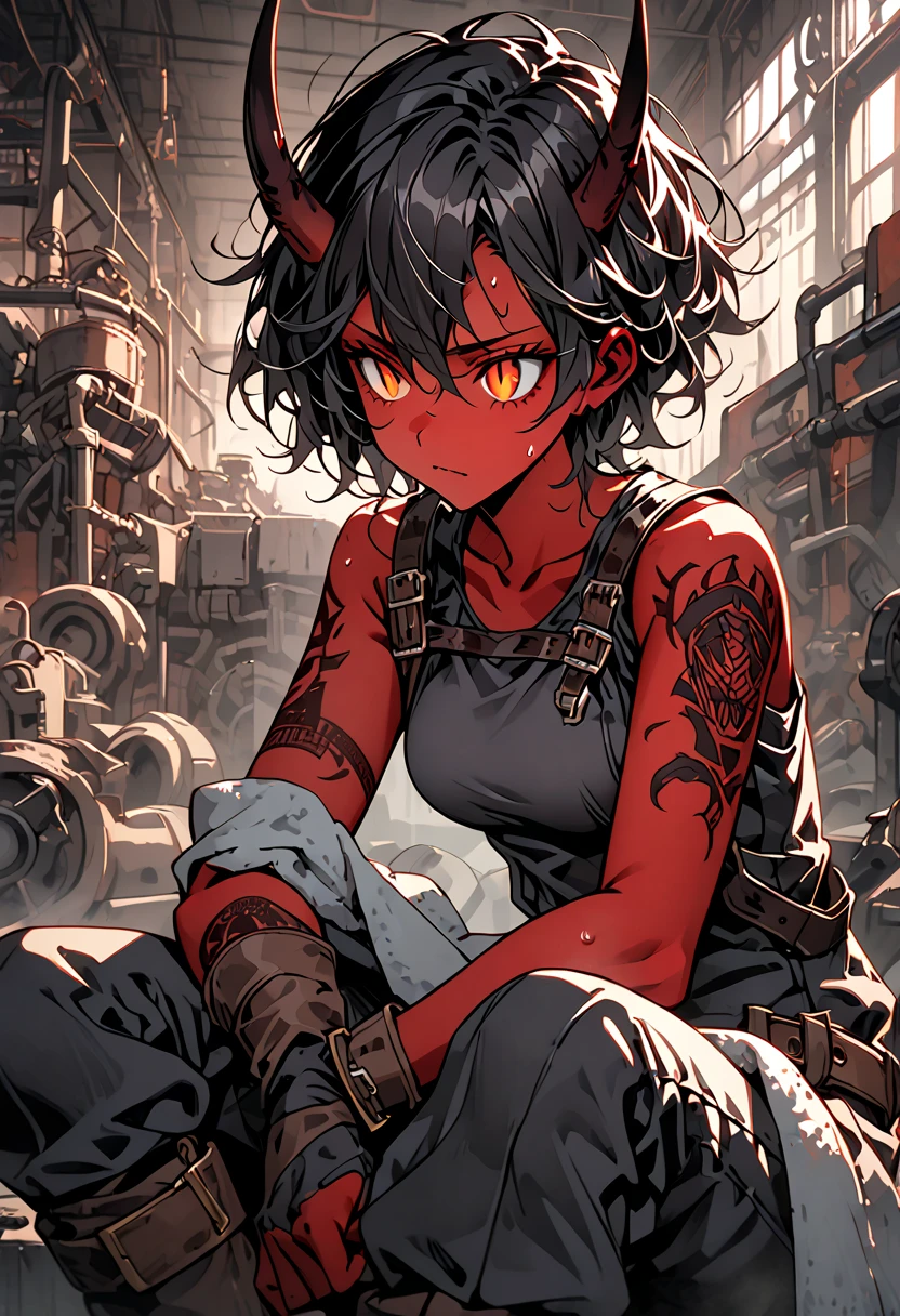 solo, female, oni, tomboy, attractive, close up, red skin, short black horns, orange eyes, slit pupils, short black hair, messy hair:0.3, snag tooth, black claws, tattoo, broad shoulders, stocky build, muscular, tight-fitting black tank top, working clothes, boots:0.3, factory, Victorian era, working at factory, bulky body, dark, indoors, grimy, wiping sweat, bronze buckle, towel, exhaling, resting, 