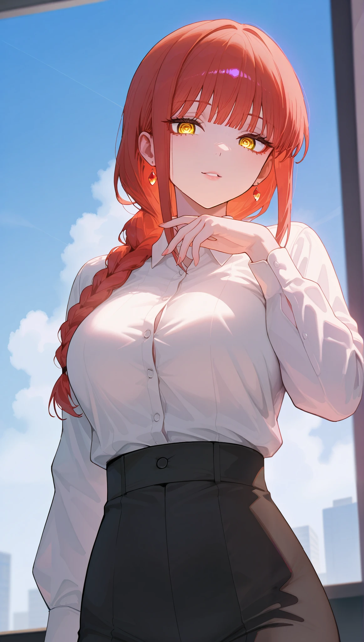 (masterpiece), (portrait), big breasts (aesthetics), ((1 female 21 years old)), Highlight earrings), ((long hair, single braid)), ((Hot crystal light red hair, straight bangs, two strands on the side)), ((Makima)) straight hair, thin eyes open, yellow eyes, spiral in the eyes, cute, naughty, malicious smile, woman, feminine, beautiful, female features, top, high quality, aesthetic clothing, professional angle, (rule of thirds), (feminine), , (beautiful) , (female ) features), solo, (Korean attractive), summer, (ink haze), (afternoon), (vibrant light), seductive posture, ((face looking forward))), Makima, white shirt with long sleeves, buttons and tie, black sexy panties, horny and hot, tie, white office blouse, business, sensual ((Energy)), (Bold Makeup), (Big Breasts), Fair Skin, (Clothes with Hip Hop Details), (a hot Makima, sculptural body, sexy pose), (Sleep Neckline), Beautiful Hands, Body beautiful, beautiful ears, beautiful eyes, bright eyes, beautiful mouth, beautiful lips, at office, low angle, black shoes
