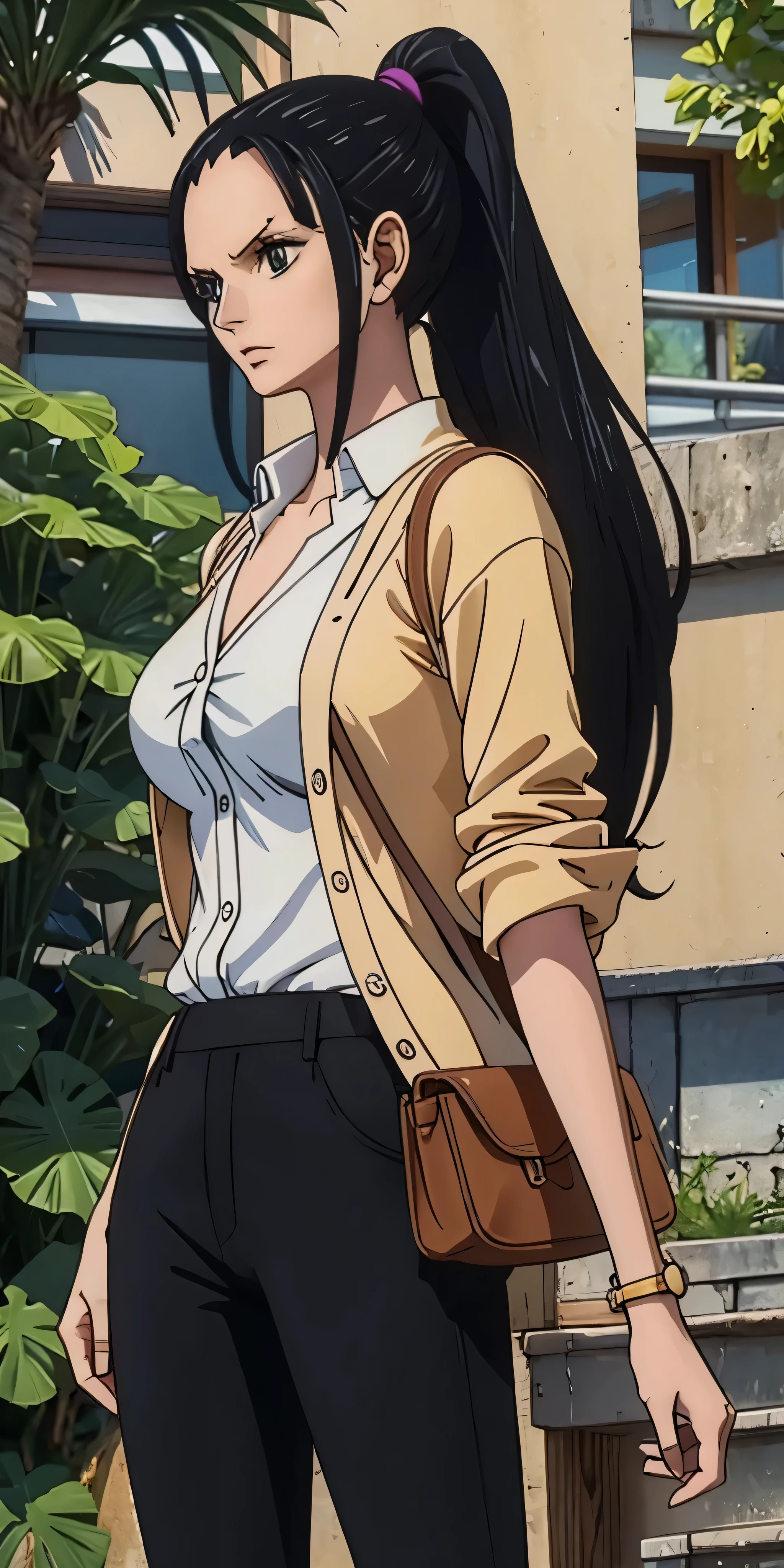 Nico Robin from One Piece, realistic, thrush, black hair, long hair, ponytail, pretty woman, pretty, very beautiful, perfect body, perfect breasts, standing, wearing watch, wearing earrings, wearing purple dress shirt, yellow cardigan, black pants, wearing bag, master part, textured leather, super detailed, high detail, high quality, best quality, 1080P, 16K, hard drive