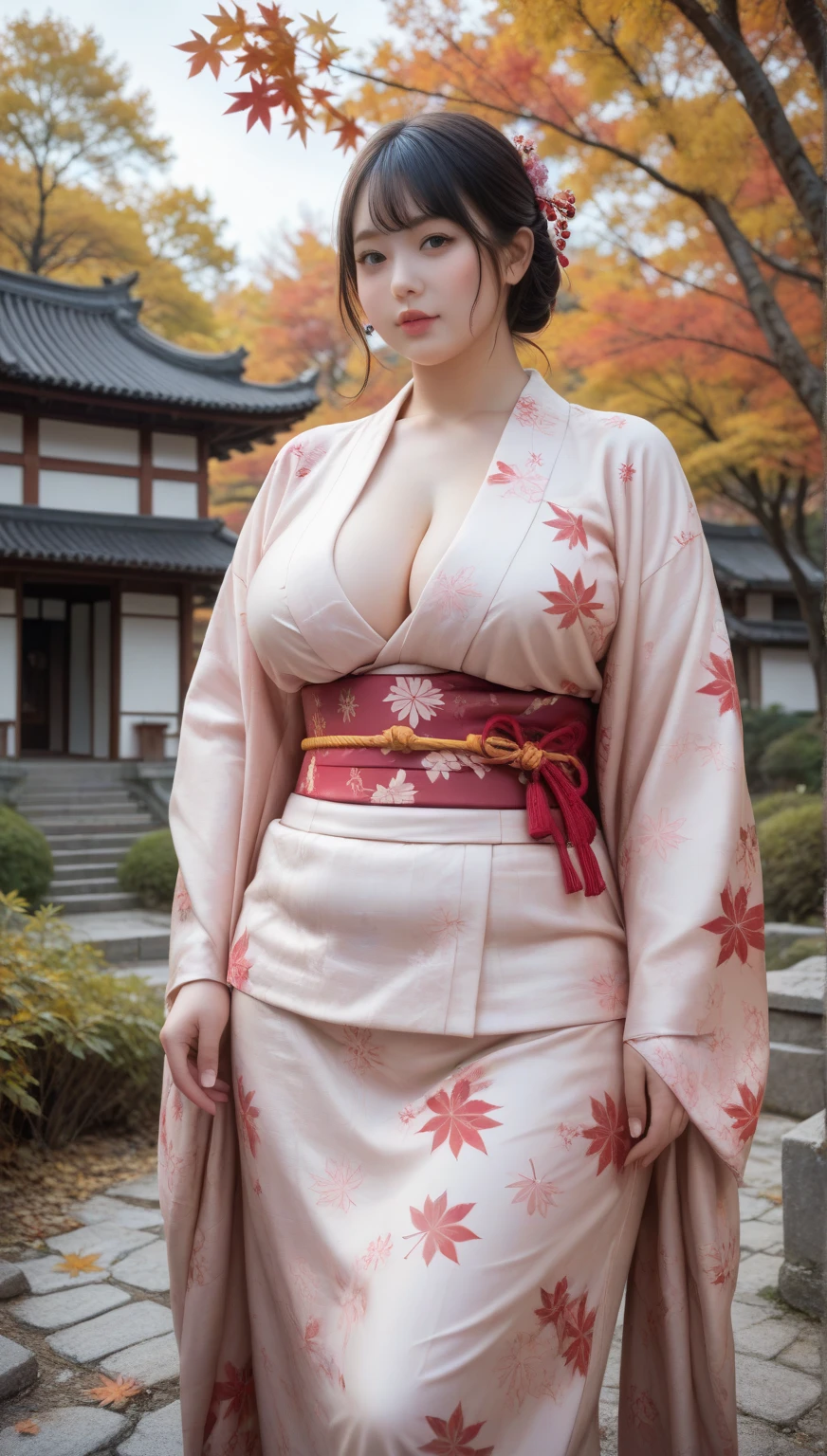 Best quality, masterpiece, ultra high res, in a mountain , (photorealistic:1.4), smiling, one beautiful woman,),((walking)), (red flowery kimono), cute hair band, cleavage, standing, big ass,medium breasts, black hair, white skin