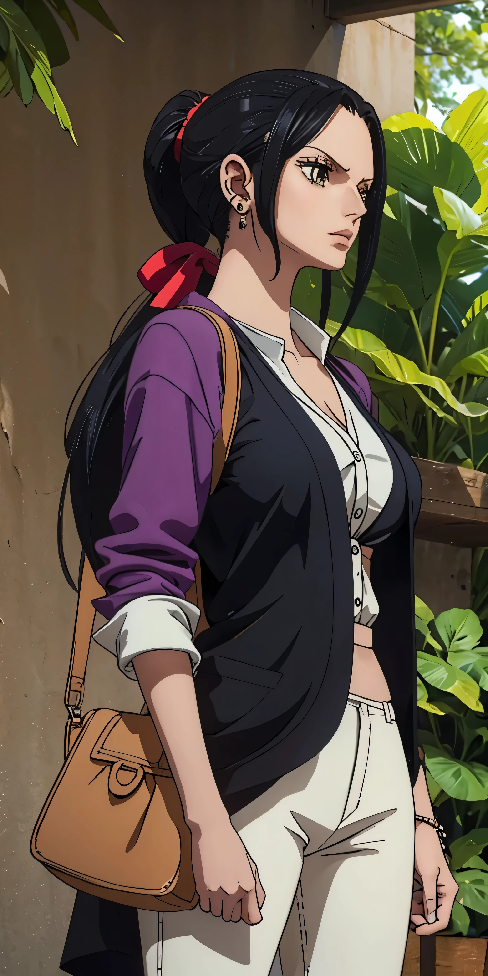 Nico Robin from One Piece, realistic, thrush, black hair, long hair, ponytail, pretty woman, pretty, very beautiful, perfect body, perfect breasts, standing, wearing watch, wearing earrings, wearing purple dress shirt, yellow cardigan, black pants, wearing bag, master part, textured leather, super detailed, high detail, high quality, best quality, 1080P, 16K, hard drive