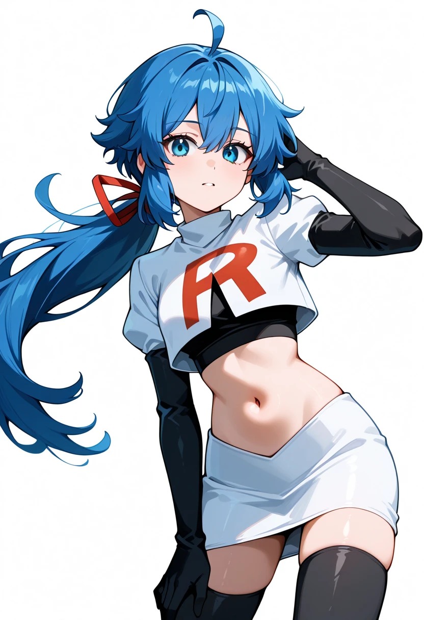 masterpiece, best quality, white background, looking the viewer, 
 1girl, blue hair, blue eyes, hair ribbon, ahoge, long hair, ponytail,  hair between eyes, red ribbon, navel, team rocket,team rocket uniform,white skirt,red letter R,crop top,black thigh-highs,black elbow gloves, cowboy_shot