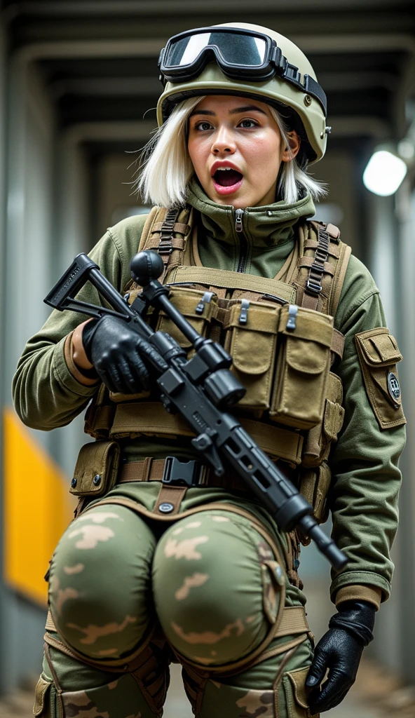 a contractor young girl, Russian facial features, caressing her tits, screaming with pleasure, white french bob haircut, riding on a small brown dick, show anus, full of too much large pubic hair in vagina and anus, wearing full equip militar camouflage, chest rig tactical vest, ballistic helmet with face shield, fully dressed, with a large military backpack, sweaty body, voluptuous body, focusing on her ass, mega exaggeratedly inflated hips, large hips and extra big ass and boobs, hips too large and wide, slim waist, behind, very close up, in a bunker,