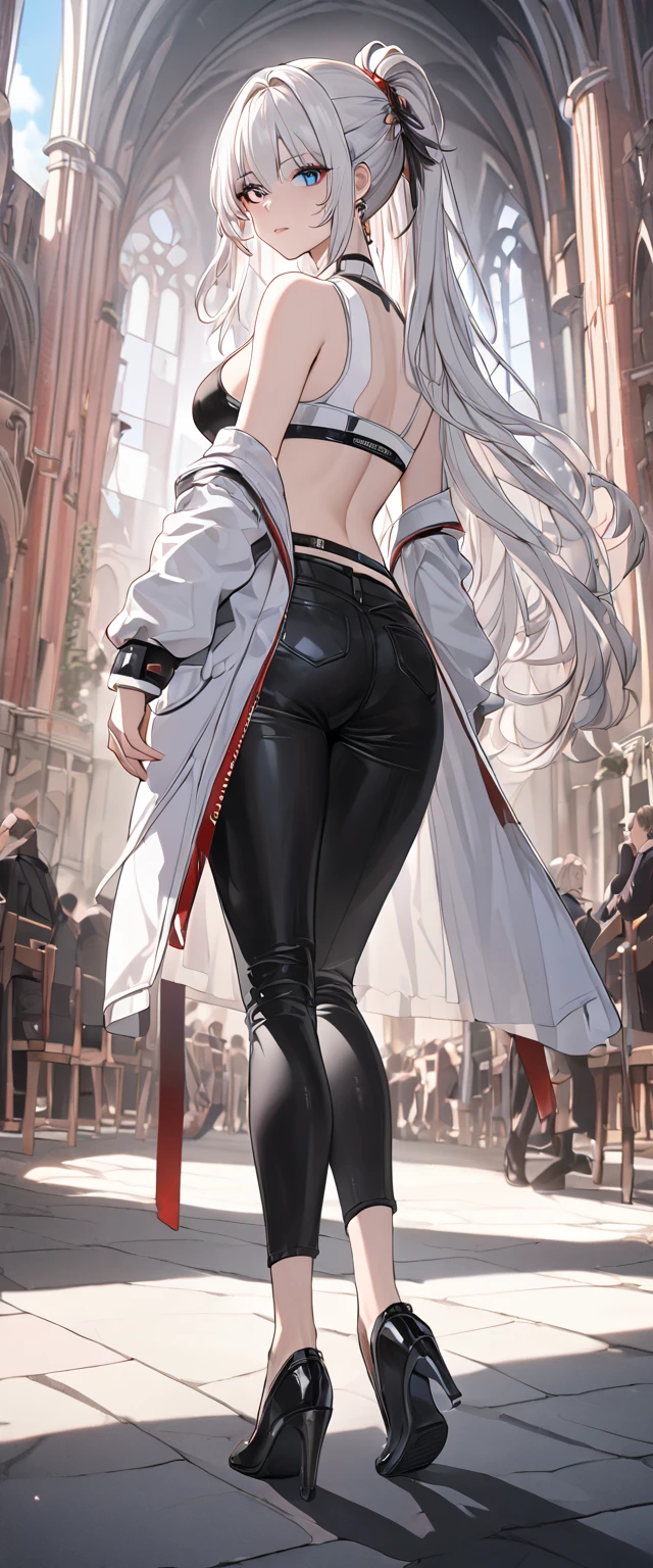 white hair, long hair, ponytail, gradient hair, hair ornament, heterochromia, blue eyes, red eyes,, white coat, sports bra, thigh strap, black pants, black footwear, gothic church background, full body visible , social media composition, perspective, masterpiece, accurate, anatomically correct, textured skin, super detail, high details, high quality, best quality, highres, 16k, HD, UHD, unaestheticXL_bp5, (negative_v2 Color_Balance_Calibration:0.8), (SuperQuality:1.0) ~ (SuperQuality:1.2), AissistXLv2, badhandv4, elegance, same as v1.0, holding weapon