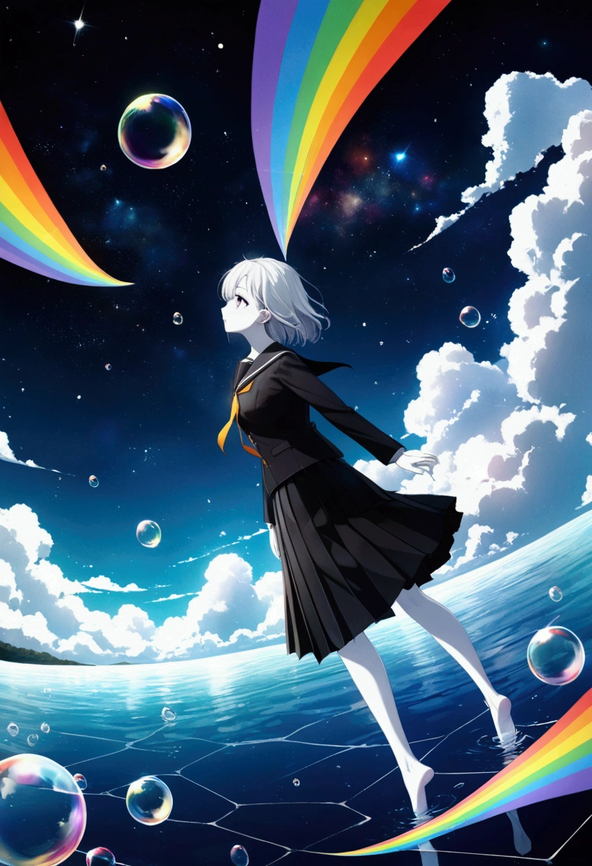 (woman\(student, 20 years old, ＪＫ, Her short silver hair sways, Space-colored eyes, Black school uniform,  blue-white skin)  looking up at the sky), ( large glass-colored whale is swimming through the air), Beautiful sky,  Beautiful Clouds ,  colorful summer flowers blooming ., ( transparent bubbles shining like a rainbow here and there), There is a noon moon in the sky and a daytime star , It's a crowded downtown , break ,quality\(8k,非常に精細なCGユニットの wallpaper, masterpiece, high res,top-quality,top-quality real texture skin, surreal, increase resolution , RAW photo,最高quality, very detailed, wallpaper, movie lighting,[ ray tracing,Golden Ratio\),(Long Hit), wide shot。A beautiful dragon shining in seven colors is swimming at the girl's feet