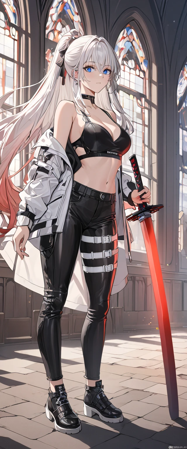 white hair, long hair, ponytail, gradient hair, hair ornament, heterochromia, blue eyes, red eyes,, white coat, sports bra, thigh strap, black pants, black footwear, gothic church background, full body visible , social media composition, perspective, masterpiece, accurate, anatomically correct, textured skin, super detail, high details, high quality, best quality, highres, 16k, HD, UHD, unaestheticXL_bp5, (negative_v2 Color_Balance_Calibration:0.8), (SuperQuality:1.0) ~ (SuperQuality:1.2), AissistXLv2, badhandv4, elegance, same as v1.0, sheathed, katana, energy sword, glowing, unsheathing