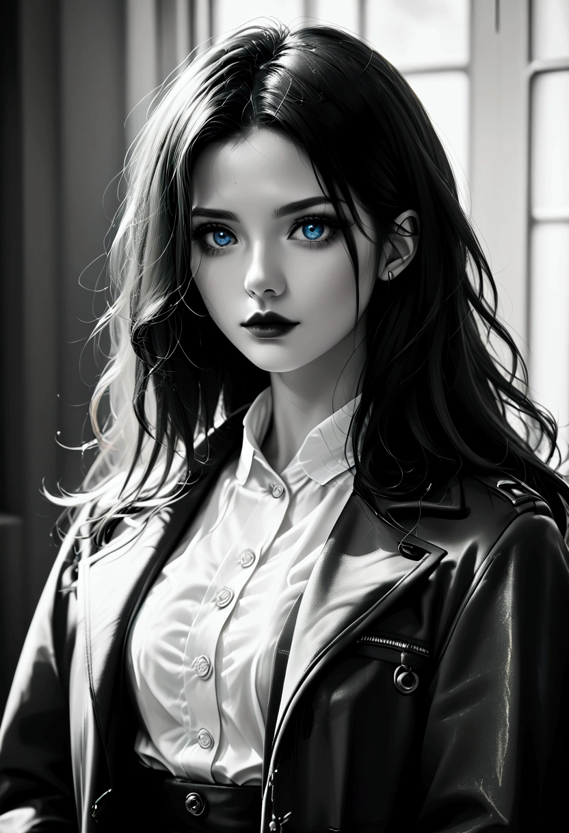 score_9, score_8_up, score_7_up, score_6_up, score_5_up, score_4_up, (black and white art: 1.5) mostly black and white, a picture of a beautiful vampire, long hair hair, blue eyes, wearing red trench coat, wearing a skirt, wearing white button shirt, wearing a blue scarf, it is cloudy day (only colors are the coat and the eyes), ral-chrosc-bw