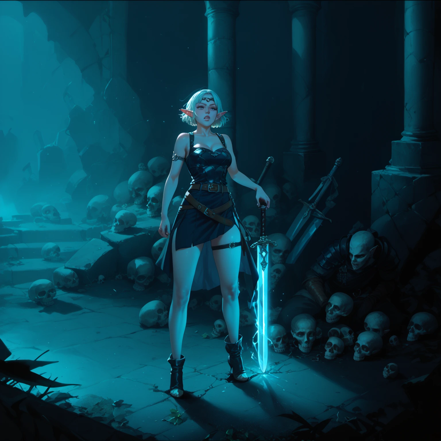  girl alone girl warrior,  in a damn dress with belts , sword stuck in the ground , The Sword Shines, magic, skull, world, ruin, lock, room,  Elf, swordsman , magic effects ,  short hair, world, armor