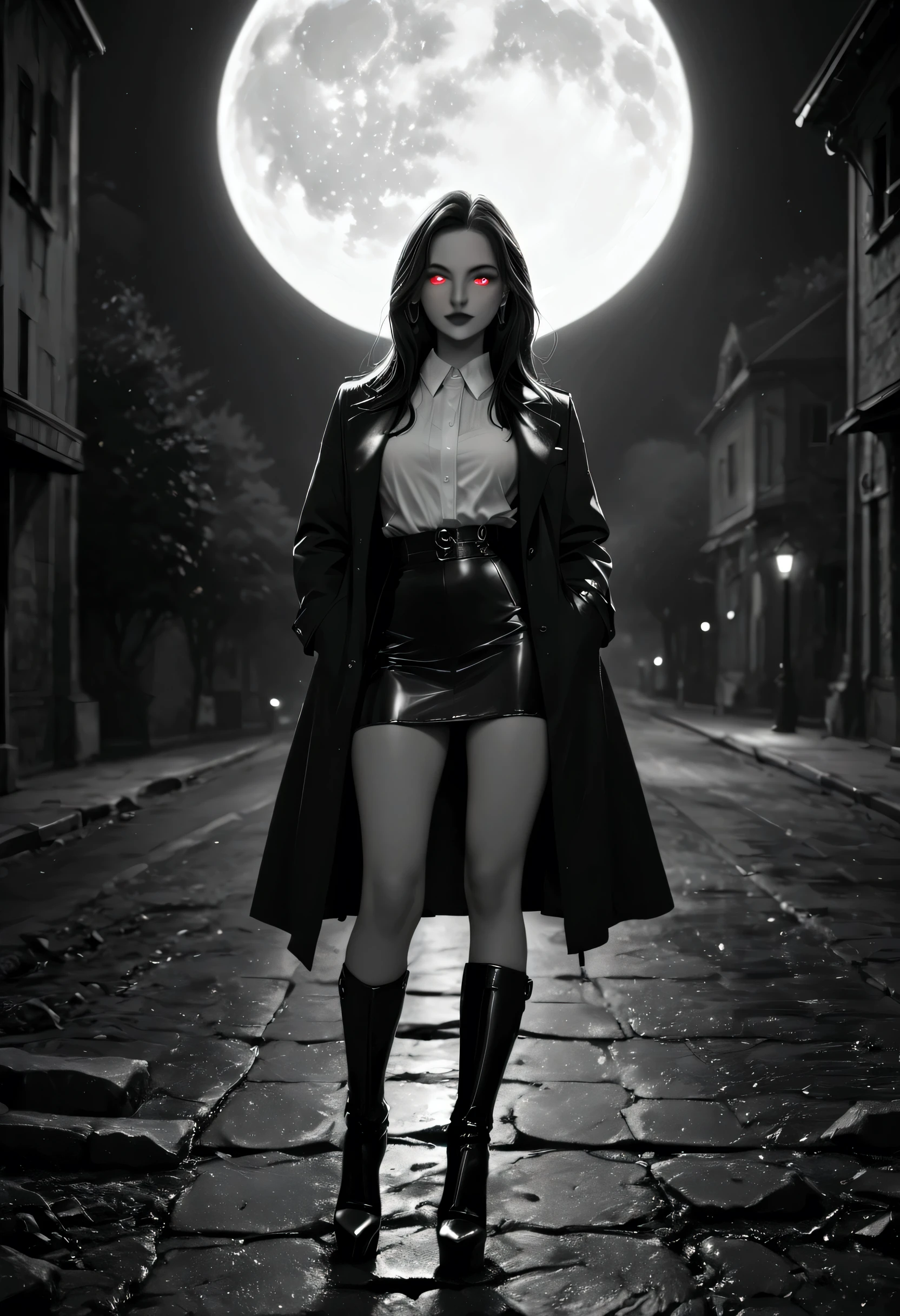 score_9, score_8_up, score_7_up, score_6_up, score_5_up, score_4_up, (black and white art: 1.5) mostly black and white, of a female vampire in the night, red glowing eyes, wearing white bottom shirt, short skirt, wearing high heeled boots, wearing black trench coat, flowing trench coat, it is night time, moon light. moon rays, 