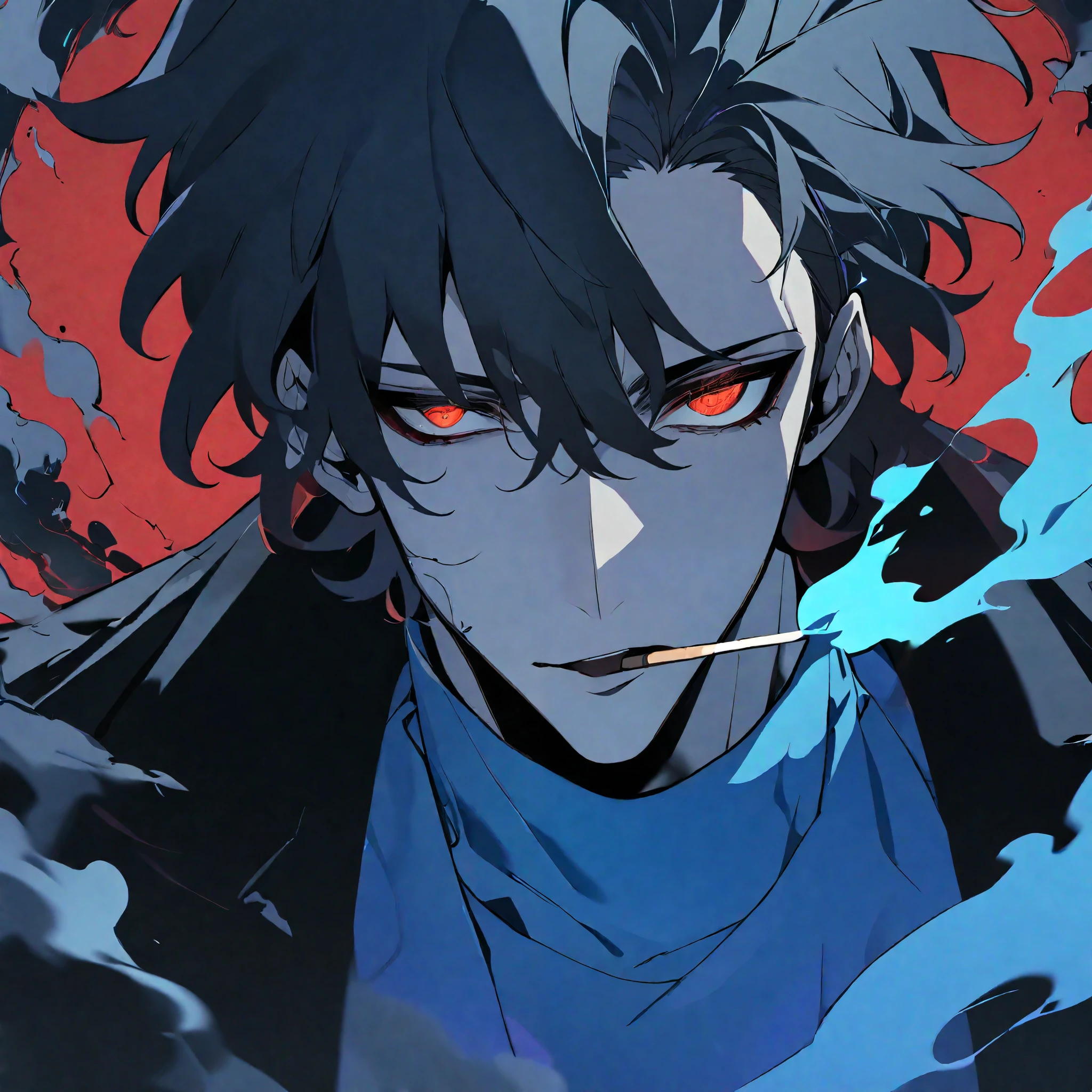 solo, handsome, 1 male, short hair, black hair, blue＆red eyes, Odd Eye,black light, black coat, smoke, smoking, blue fire