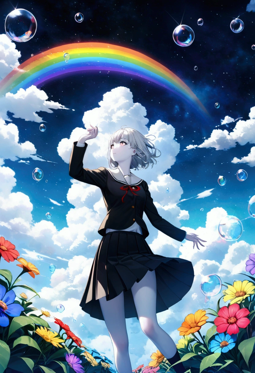 (woman\(student, 20 years old, ＪＫ, Her short silver hair sways, Space-colored eyes, Black school uniform,  blue-white skin)  looking up at the sky), ( large glass-colored whale is swimming through the air), Beautiful sky,  Beautiful Clouds ,  colorful summer flowers blooming ., ( transparent bubbles shining like a rainbow here and there), There is a noon moon in the sky and a daytime star , It's a crowded downtown , break ,quality\(8k,非常に精細なCGユニットの wallpaper, masterpiece, high res,top-quality,top-quality real texture skin, surreal, increase resolution , RAW photo,最高quality, very detailed, wallpaper, movie lighting,[ ray tracing,Golden Ratio\),(Long Hit), wide shot。