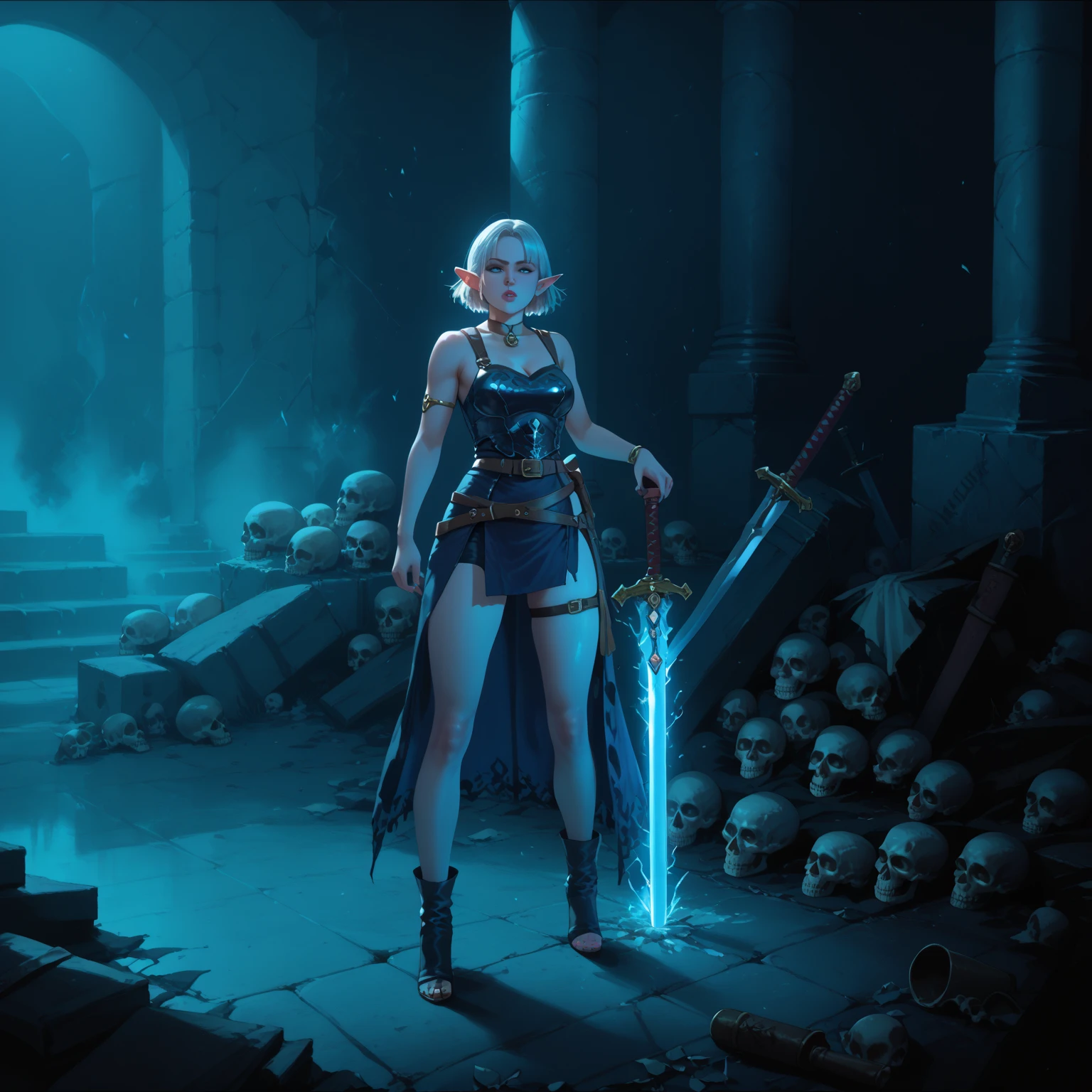  girl alone girl warrior,  in a damn dress with belts , sword stuck in the ground , The Sword Shines, magic, skull, world, ruin, lock, room,  Elf, swordsman , magic effects ,  short hair, world, armor, solo, alone in a room