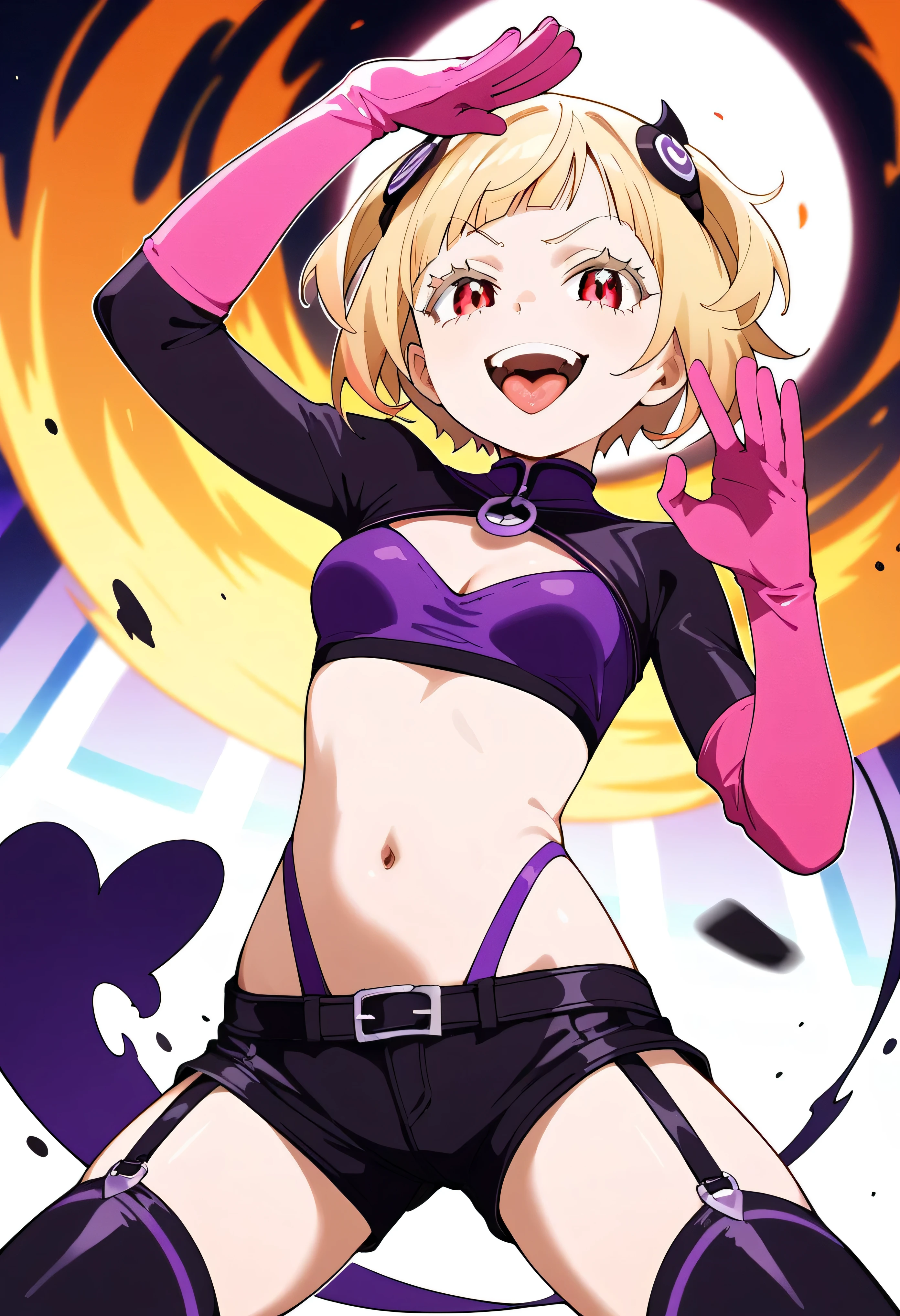 masterpiece, best quality, good quality, newest, CEL, AnFit, red eyes, blonde hair, purple crop top, 1girl, tongue out, black thighhighs, looking at viewer, purple gloves, cowboy shot, short shorts, latex shorts, small breasts, highleg panties, hair ornament, , underwear, hand up, panty straps, smile, cleavage cutout, , open mouth, purple panties, two-tone , pink gloves, sidelocks, outline1girl, blonde hair,masterpiece , best quality, , lookin under, ,, smile, purple brassiere, from below,too evil laugh, ,small loliul body,villain pose,short hair,shaded face(eyes in shadow),1girl,violence,attack,kick,evil darkness background,five fingers,