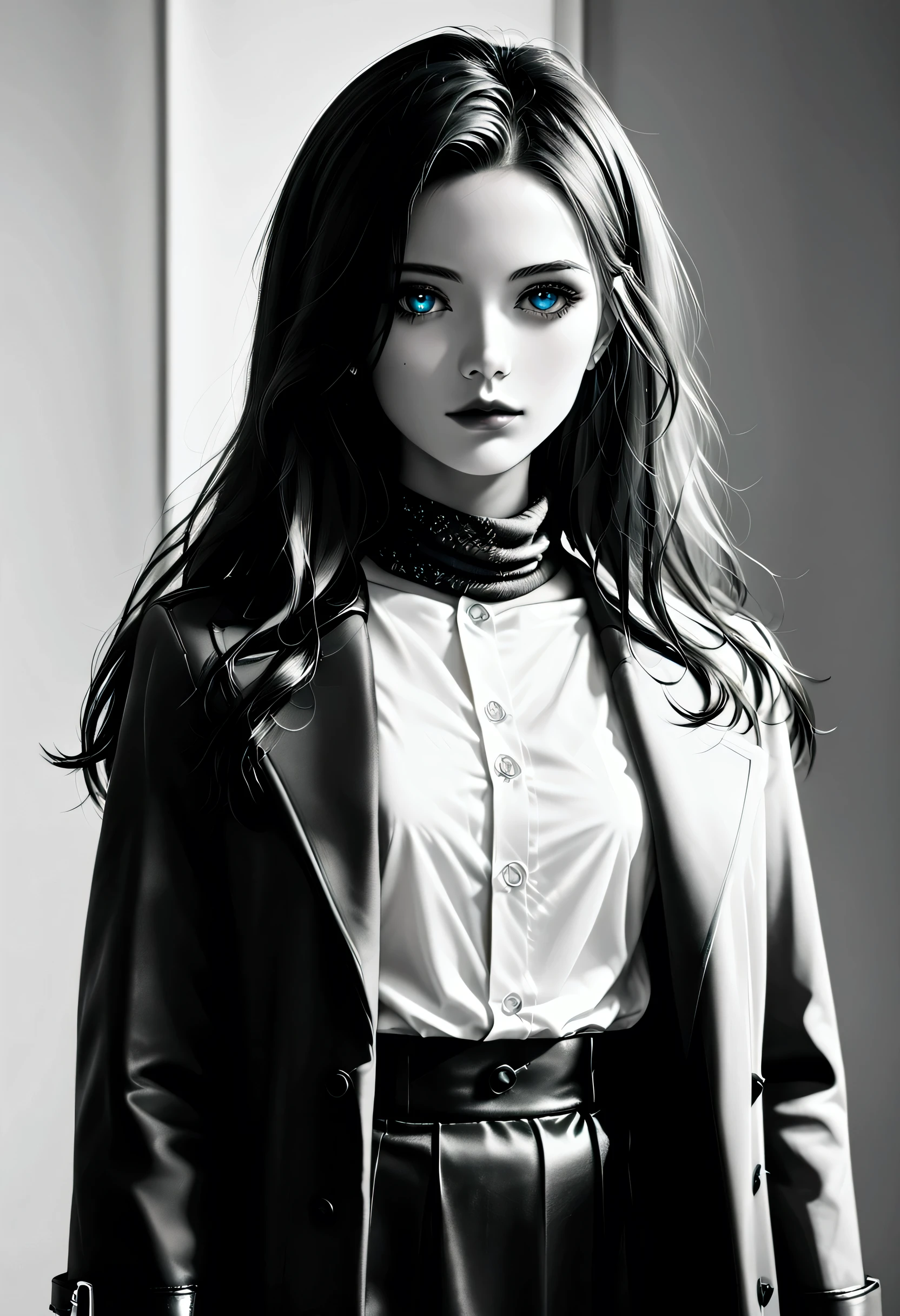 score_9, score_8_up, score_7_up, score_6_up, score_5_up, score_4_up, (black and white art: 1.5) mostly black and white, a picture of a beautiful vampire, long hair hair, blue eyes, wearing red trench coat, wearing a skirt, wearing white button shirt, wearing a blue scarf, it is cloudy day (only colors are the coat and the eyes), ral-chrosc-bw