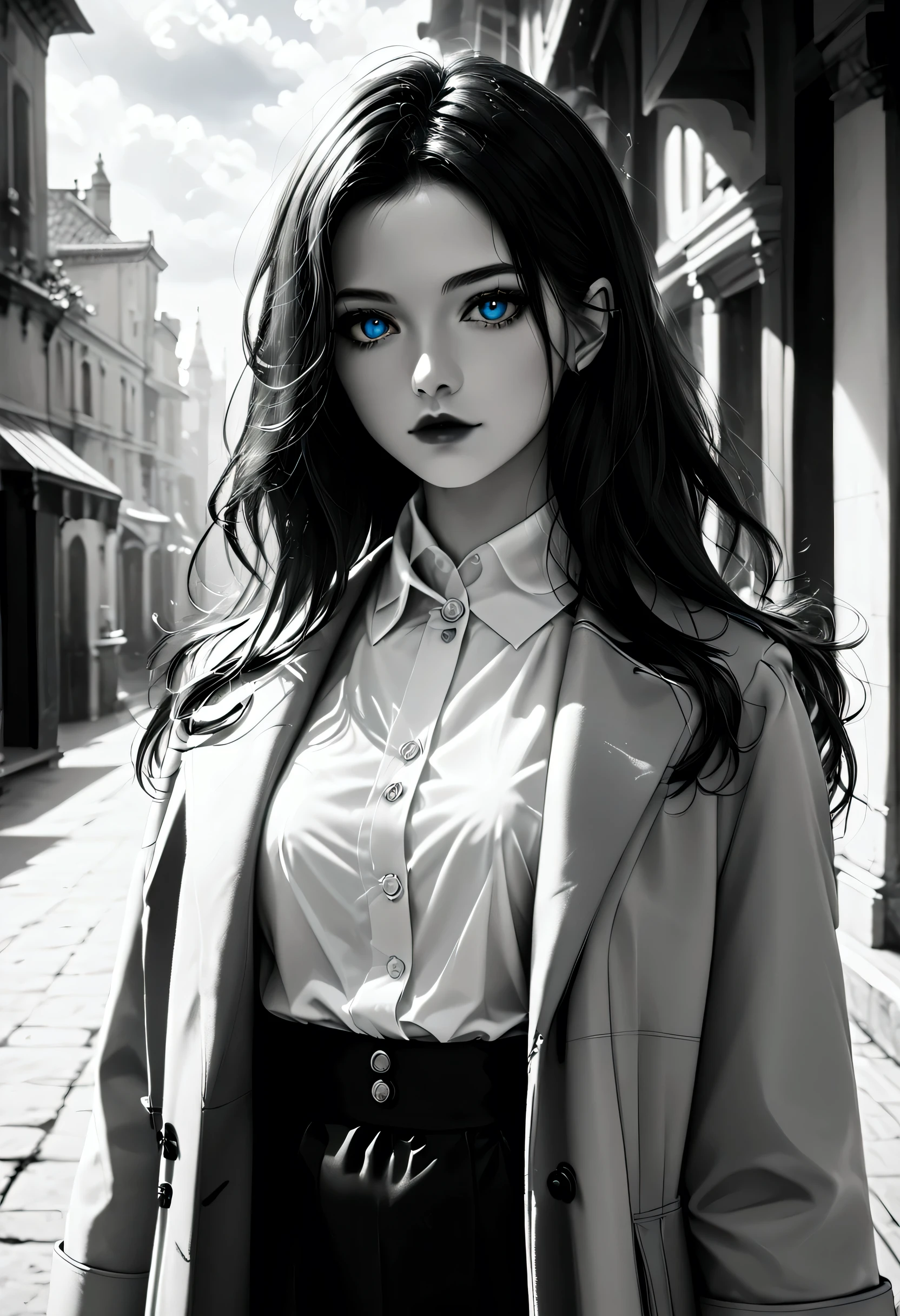 score_9, score_8_up, score_7_up, score_6_up, score_5_up, score_4_up, (black and white art: 1.5) mostly black and white, a picture of a beautiful vampire, long hair hair, blue eyes, wearing red trench coat, wearing a skirt, wearing white button shirt, wearing a blue scarf, it is cloudy day (only colors are the coat and the eyes), ral-chrosc-bw