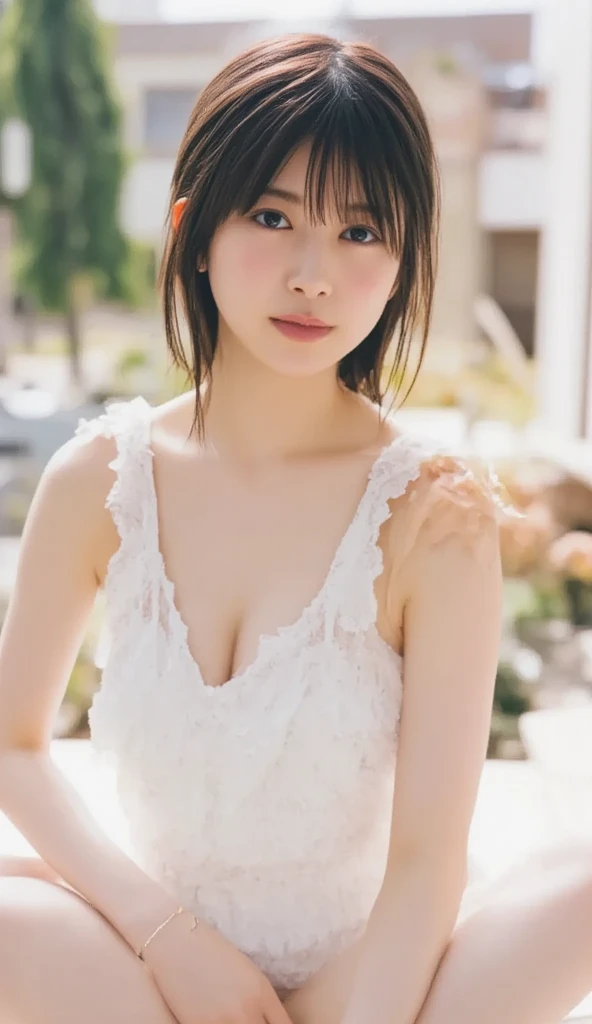 32K, masterpiece, masterpiece,  realistic ,  very detailed,    Unvolume ,  high res,  faces that Japanese men really like.,  Smoother Light  ,  Official Art,  written on everyone in the same swimsuit,  bright light, close,  detailed face , smile,  Beautiful Details in the Eyes , 19 years old Korean,  cute,  real skin texture deep into the night, T-Shirts,