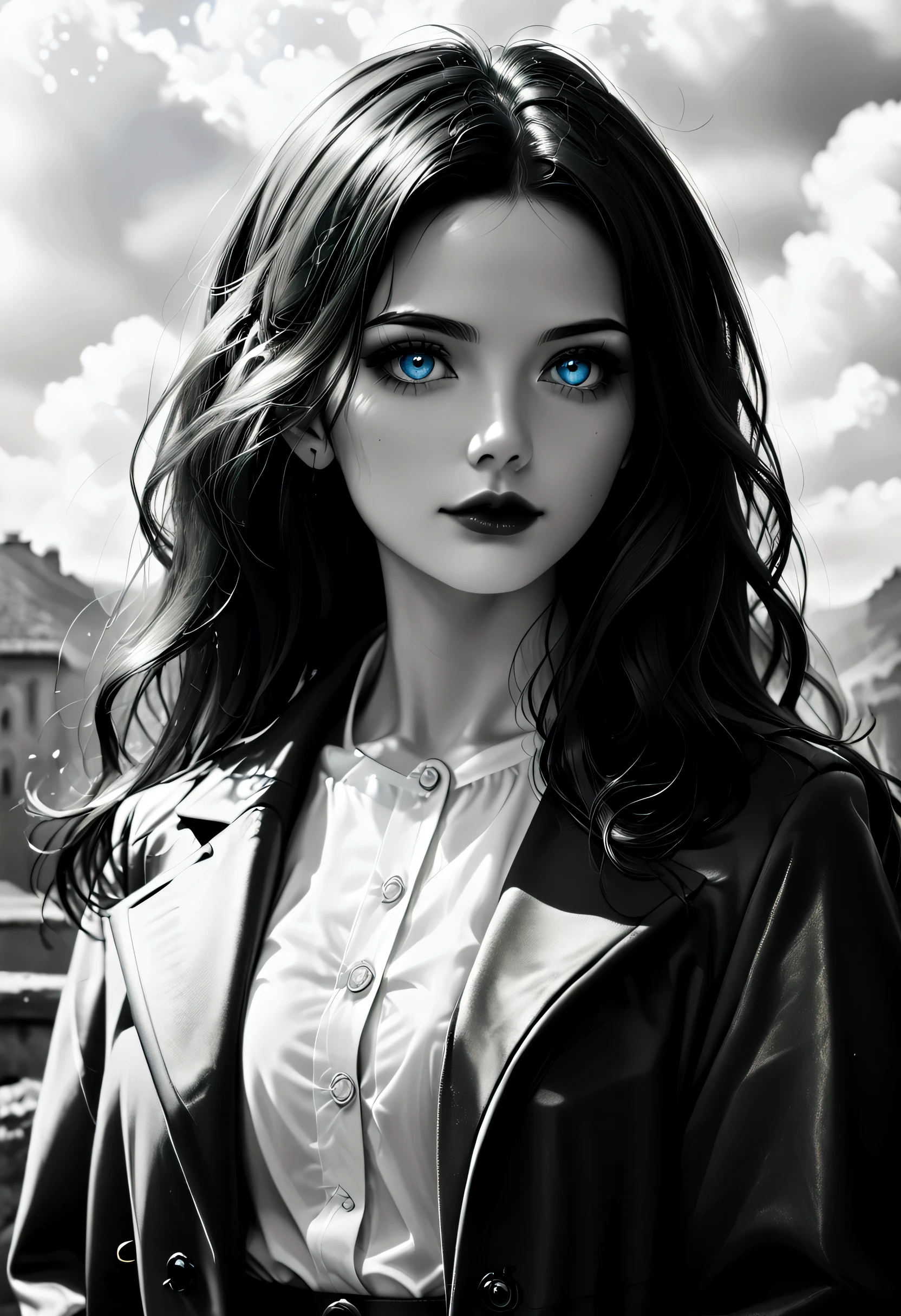 score_9, score_8_up, score_7_up, score_6_up, score_5_up, score_4_up, (black and white art: 1.5) mostly black and white, a picture of a beautiful vampire, long hair hair, blue eyes, wearing red trench coat, wearing a skirt, wearing white button shirt, wearing a blue scarf, it is cloudy day (only colors are the coat and the eyes), ral-chrosc-bw