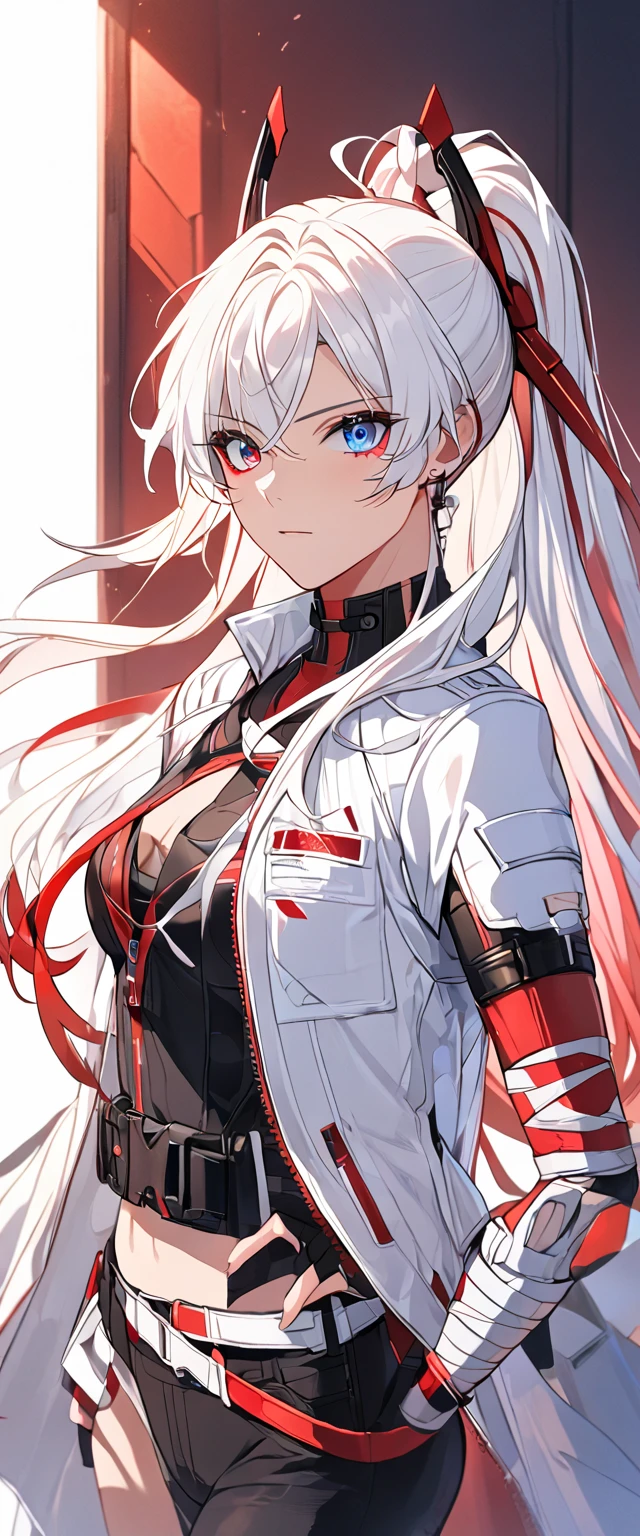 ((heterochromia )) (((double coulored eyes))) solo, white hair, red ribbon, headgear, ponytail, gradient hair, white coa, red eyes, blue eyes, white coat,bra, prosthetic arm, bandaged arm BREAK detailed shading, black pants, single pantsleg,hands on hips, light and shadow by reij-snrs, 
