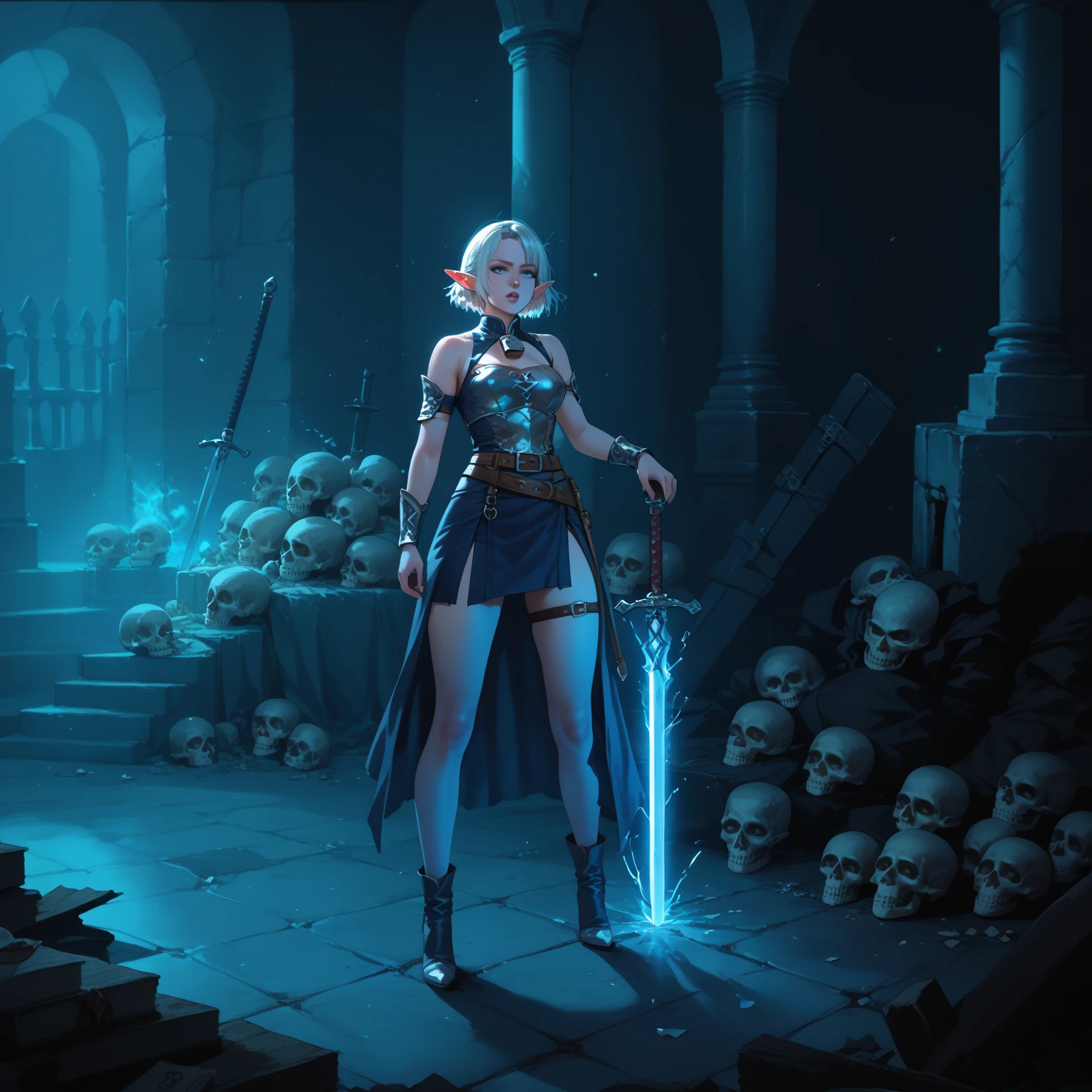  girl alone girl warrior,  in a damn dress with belts , the sword is stuck in the ground, The Sword Shines, magic, skull, world, ruin, lock, room,  Elf, swordsman , magic effects ,  short hair, world, armor, solo, alone in a room